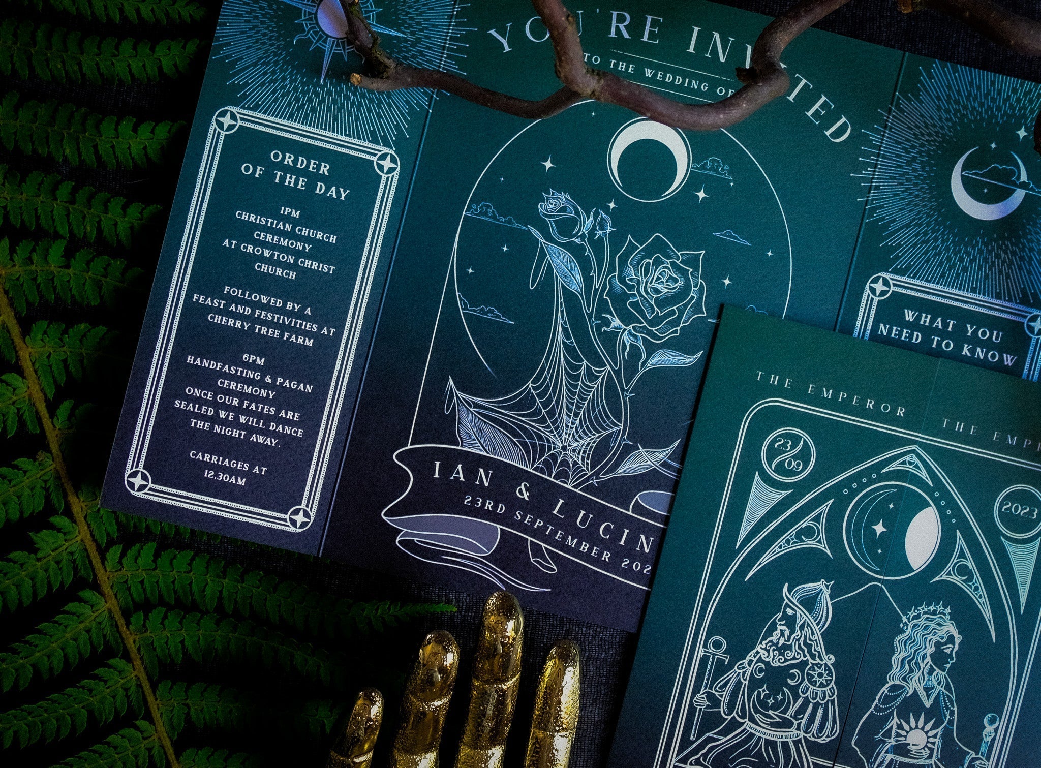 'Empress & Emperor' Tarot Style Gatefold Wedding Invitation with mystical design and vibrant colors.