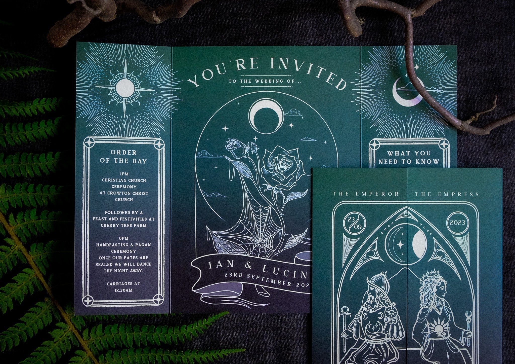 'Empress & Emperor' Tarot Style Gatefold Wedding Invitation with mystical design, white envelopes, and customizable colors.