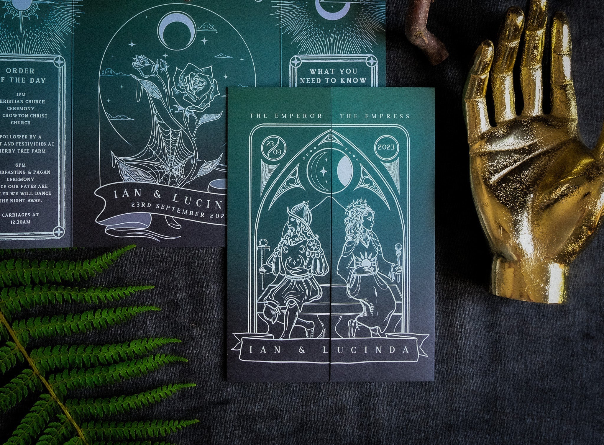 'Empress & Emperor' tarot style gatefold wedding invitation with elegant tarot card design on textured matte card.