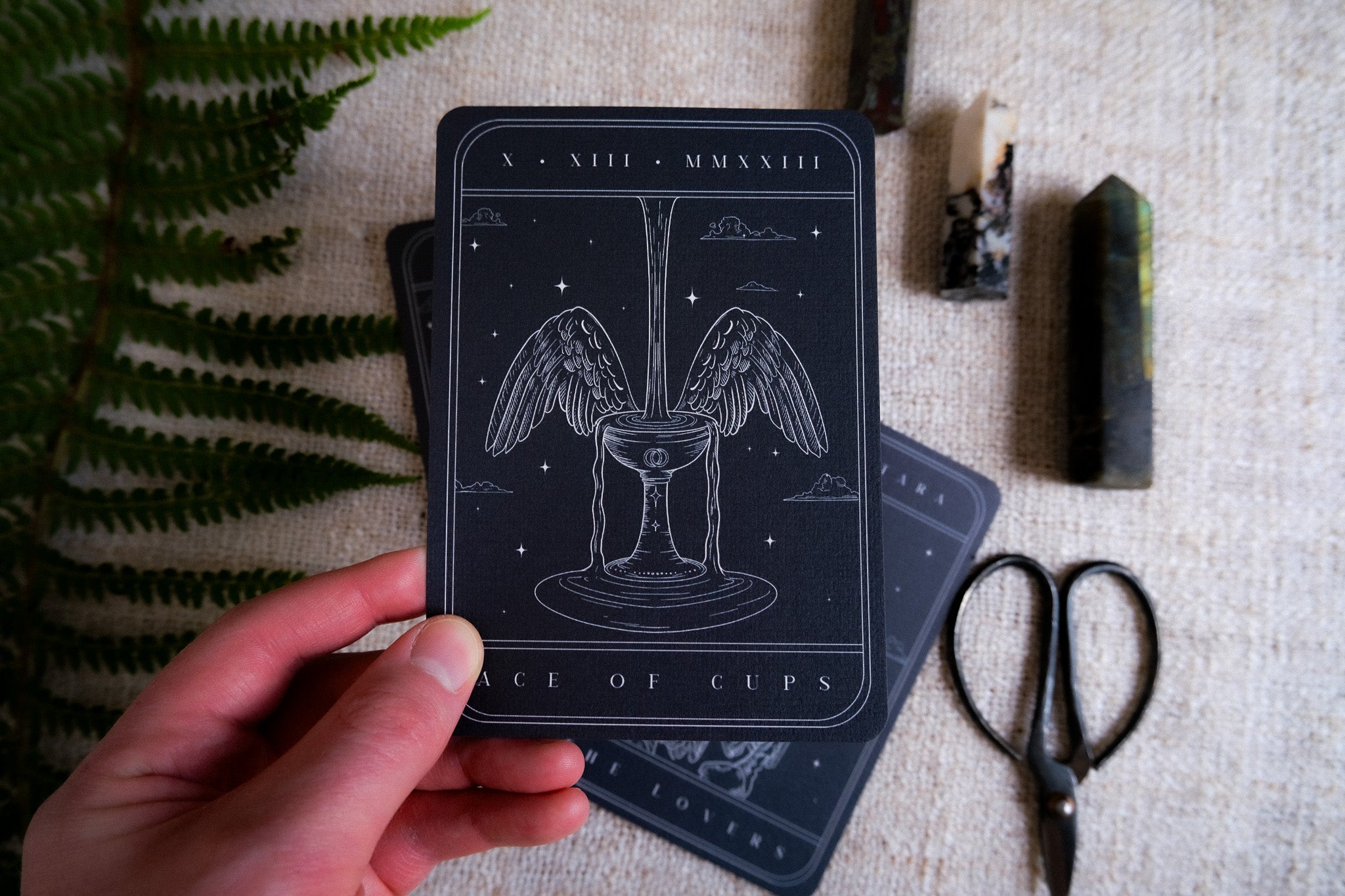 Tarot Card Spread 3-Piece Invitation Suite with 'Ace of Cups' design on velvet paper.