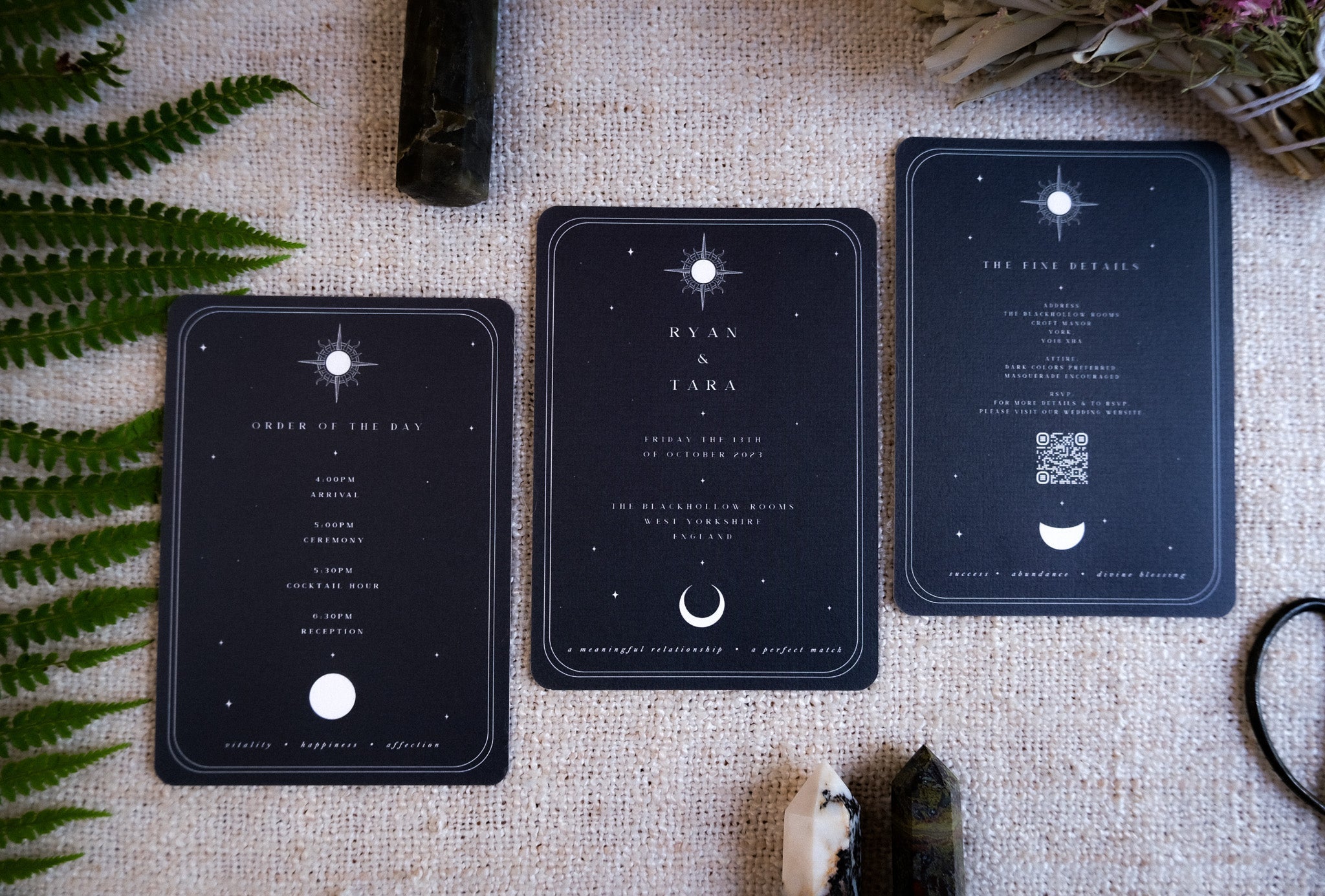 Tarot Card Spread 3-Piece Invitation Suite with celestial design on black velvet paper, featuring 'THE LOVERS', 'THE SUN', and 'THE ACE OF CUPS' cards, A6 size, rounded corners.