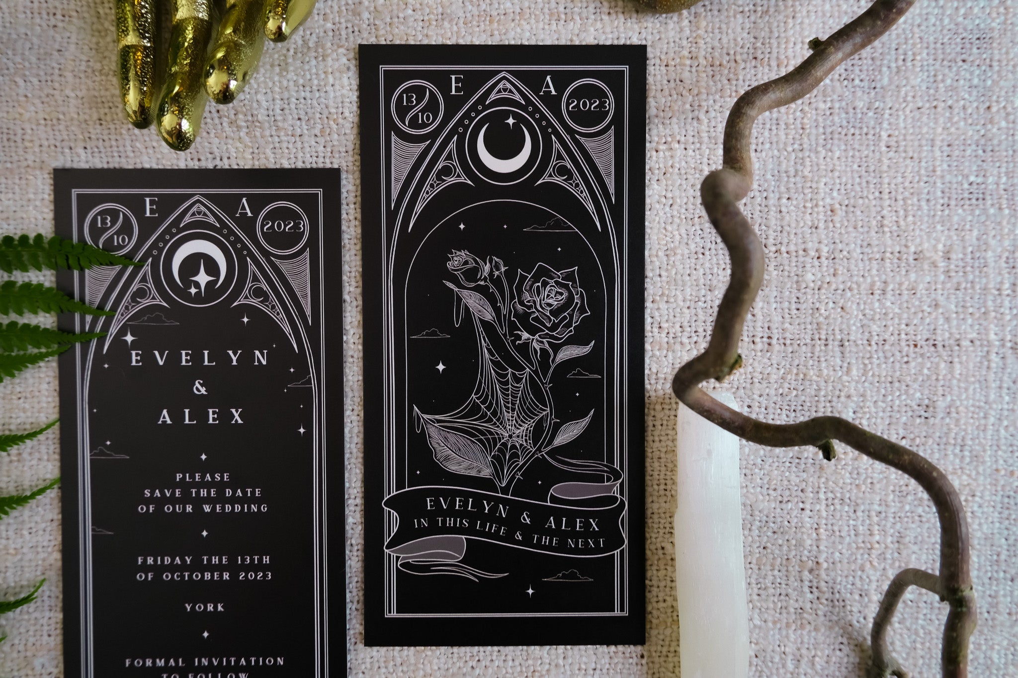 Black Rose Tarot Save The Date Card with moon and rose design, 280 GSM matte finish, includes white envelopes, customizable colors.