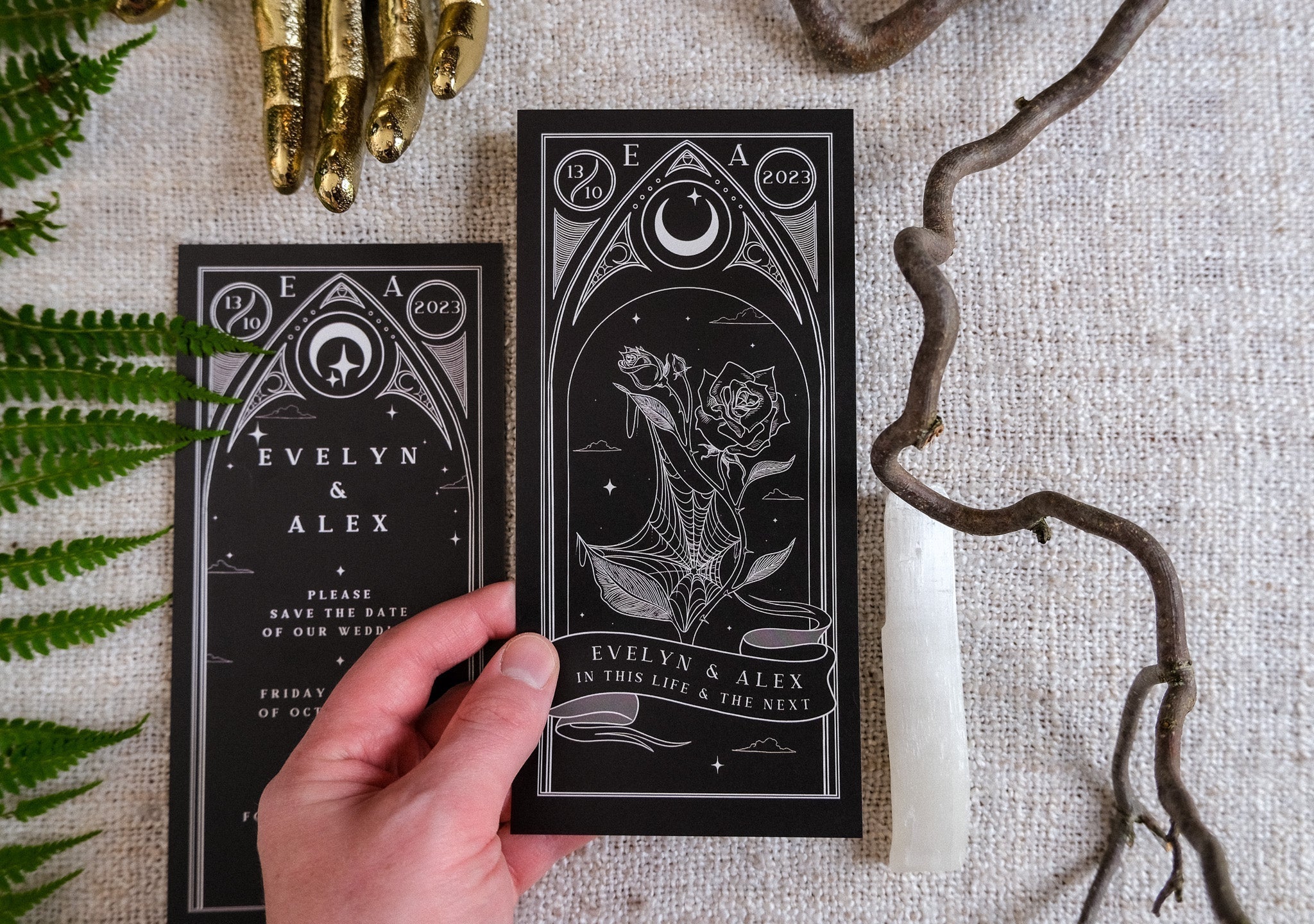 Black Rose Tarot Save The Date card with intricate design and personalized details.
