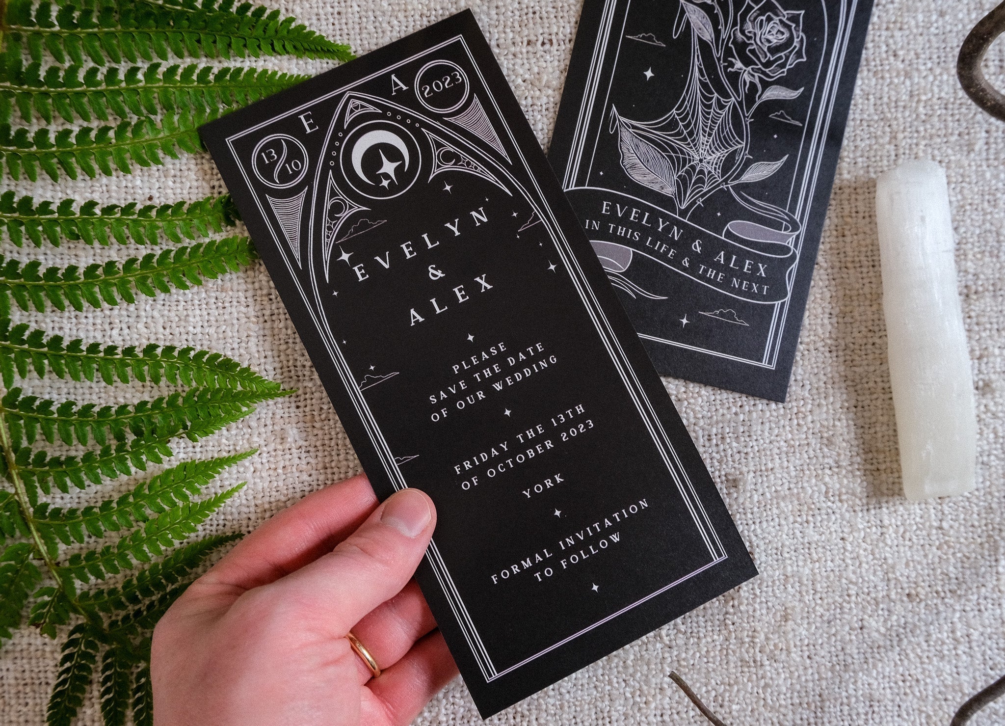 Black Rose Tarot themed save the date cards with intricate design, white envelopes, and customizable color options.