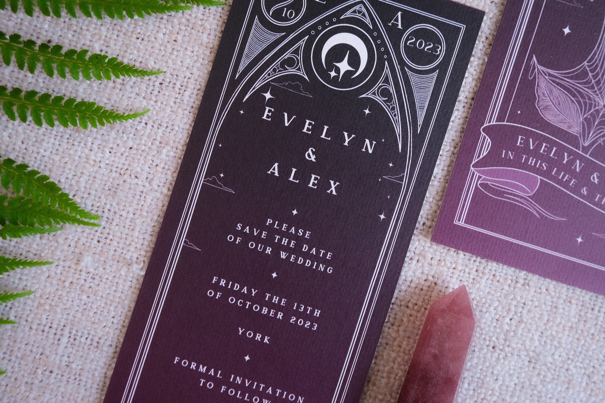 Black Rose Tarot Save The Date Card with white envelope and matte finish.
