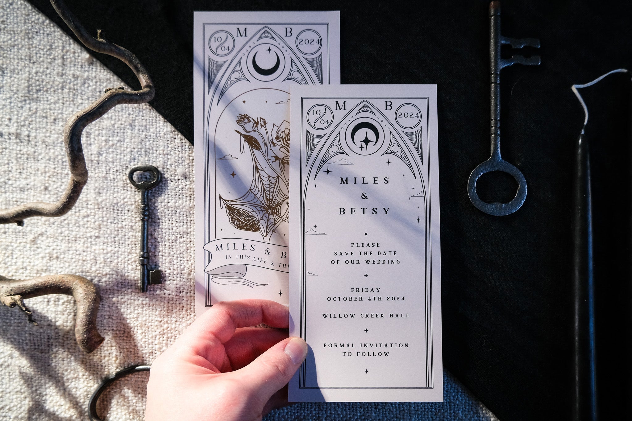 Foiled Rose Tarot Card Save The Date invitation on velvet soft card with vintage key.