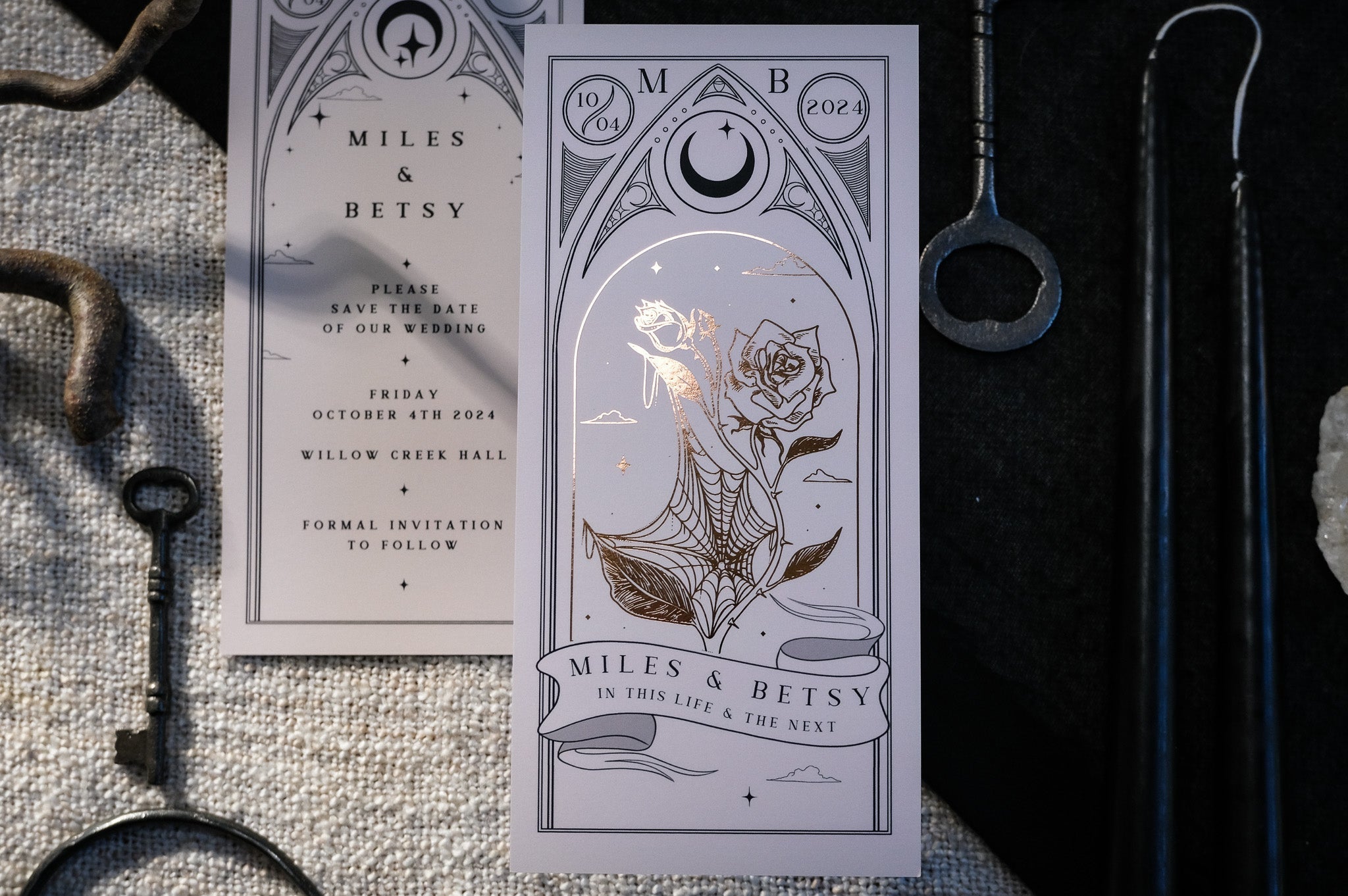 Foiled Rose Tarot Card Save The Date with gold detailing, customizable colors, white envelopes, 99x210mm size, 280 GSM velvet soft card.