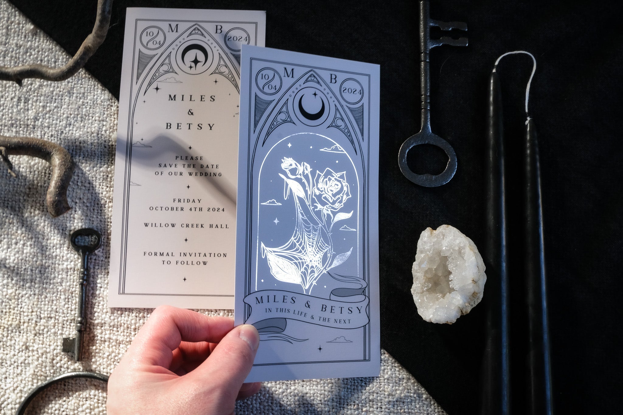 Foiled Rose Tarot Card Save The Date with white envelopes, customizable colors, 280 GSM Velvet Soft Card, 99 × 210 mm size.