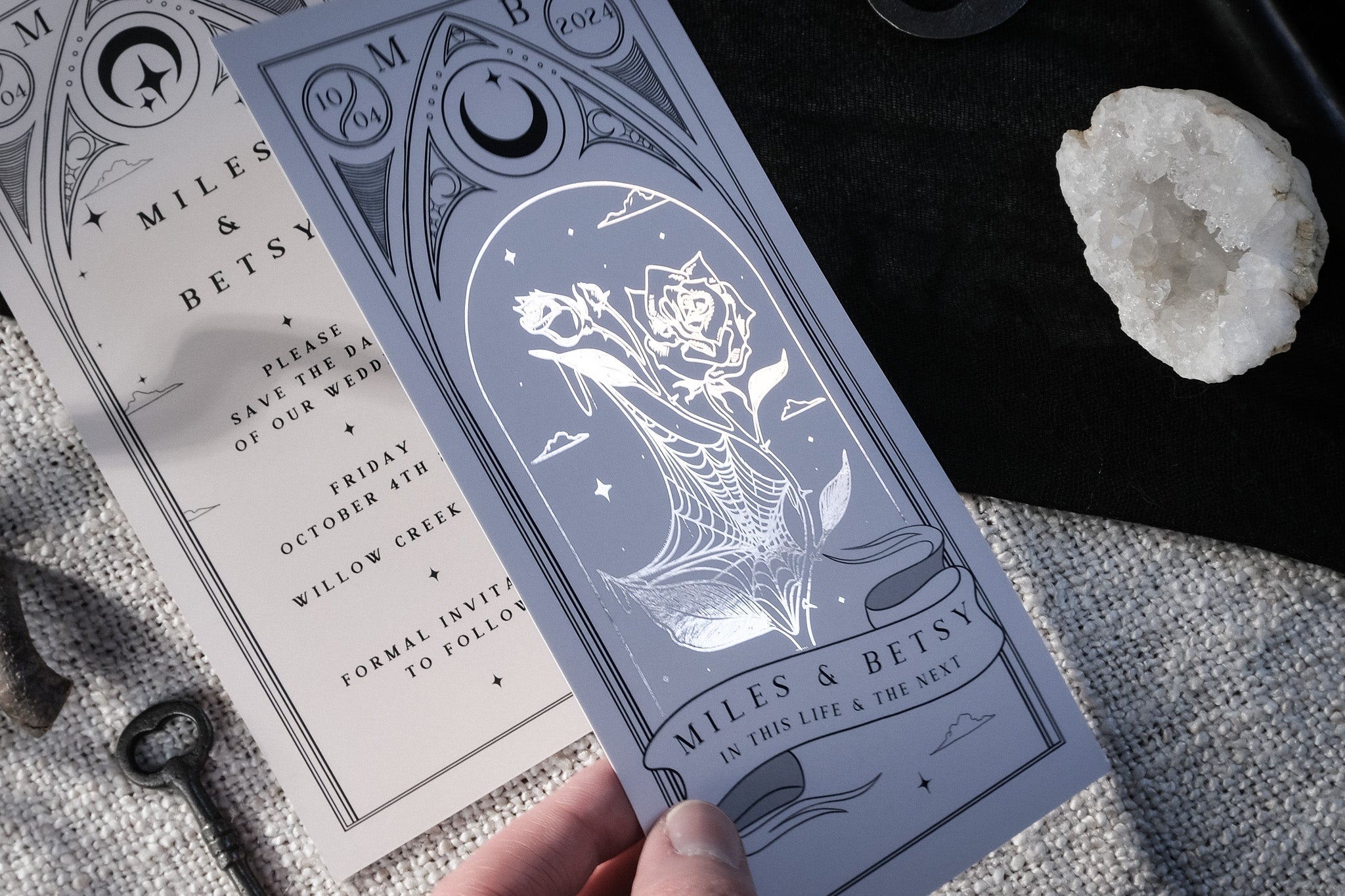 Elegant foiled rose tarot card save the date with custom color options, featuring white envelopes and velvet soft card thickness.
