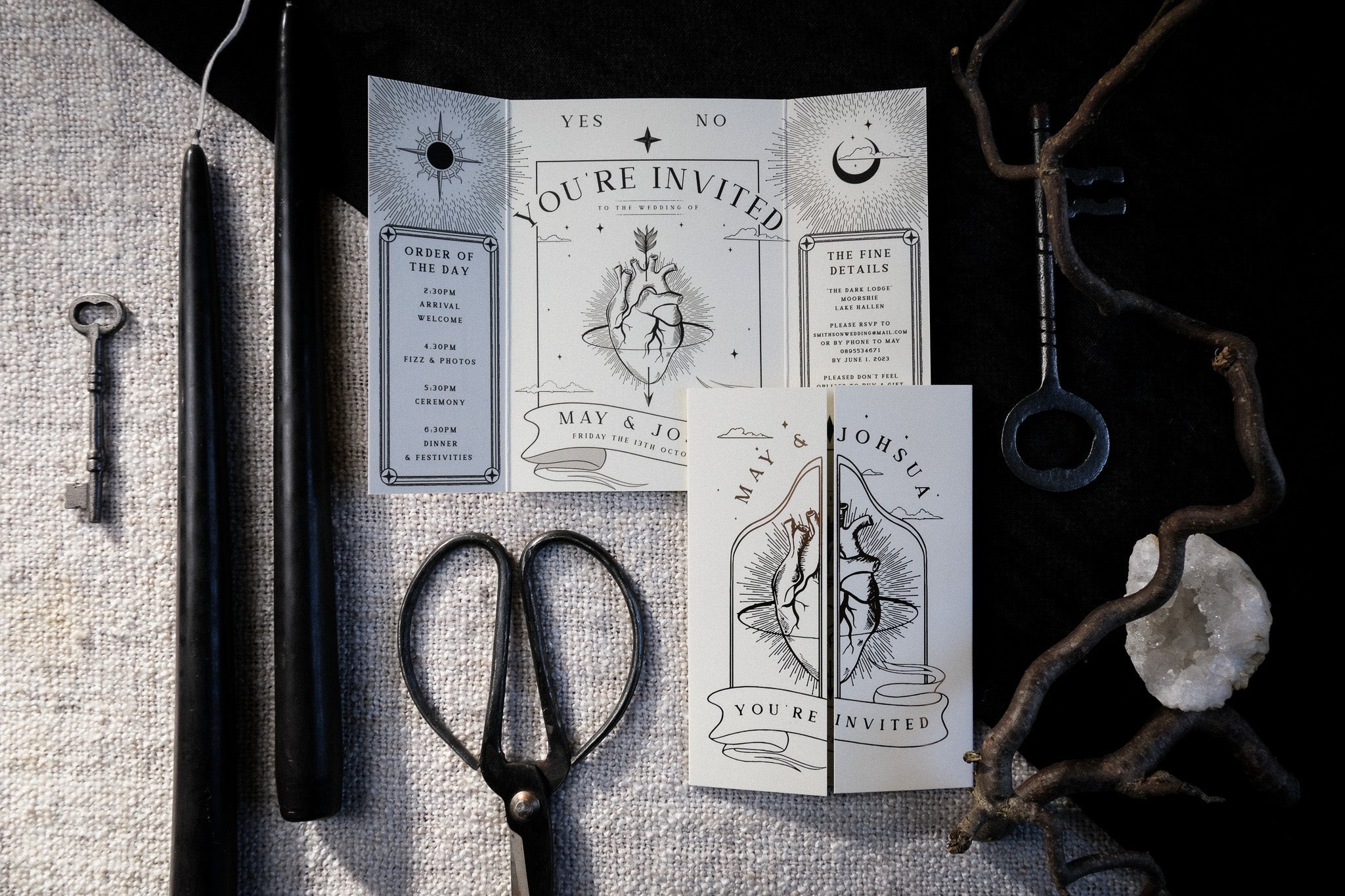 Elegant 'The Bleeding Heart' foiled gatefold wedding invitation with intricate design, A6 size, and velvet textured card.
