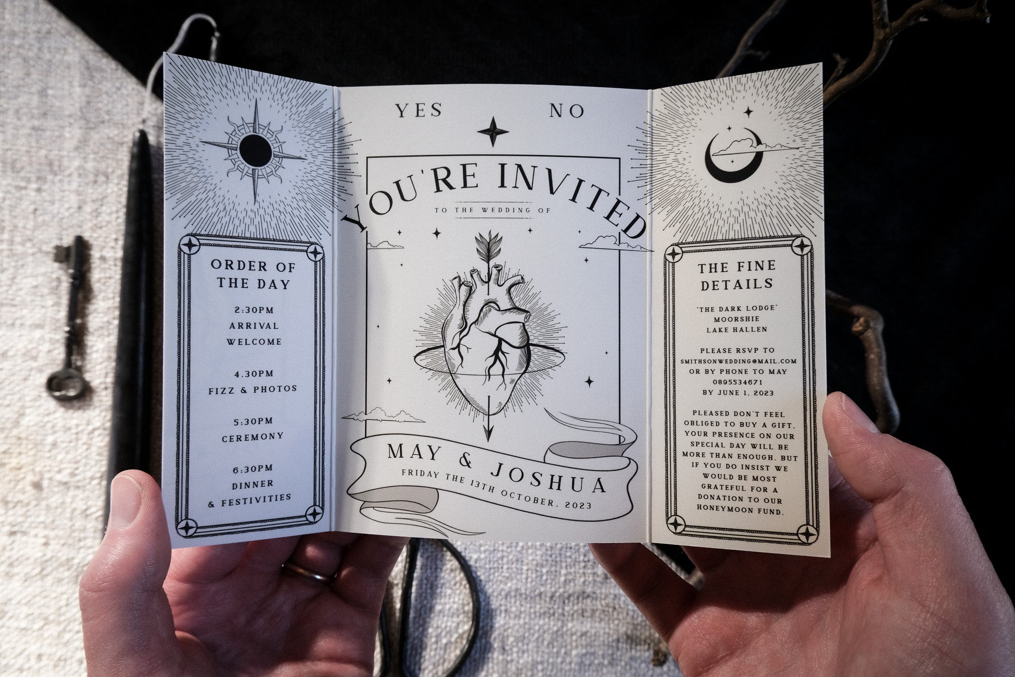 'The Bleeding Heart' Foiled Gatefold Wedding Invitation with detailed art and text.