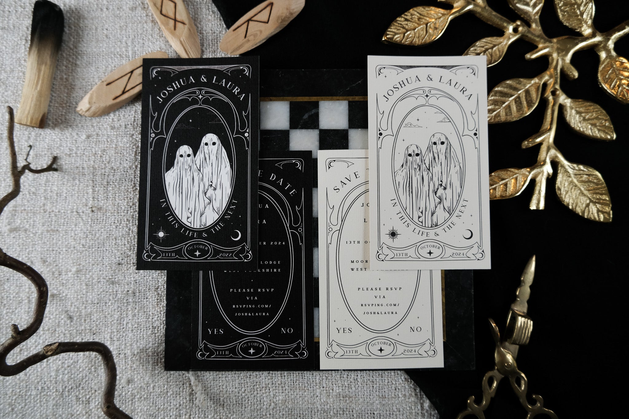 Ghost Tarot Save Date Card with ethereal ghost design on black and white backgrounds, surrounded by mystical decorations.