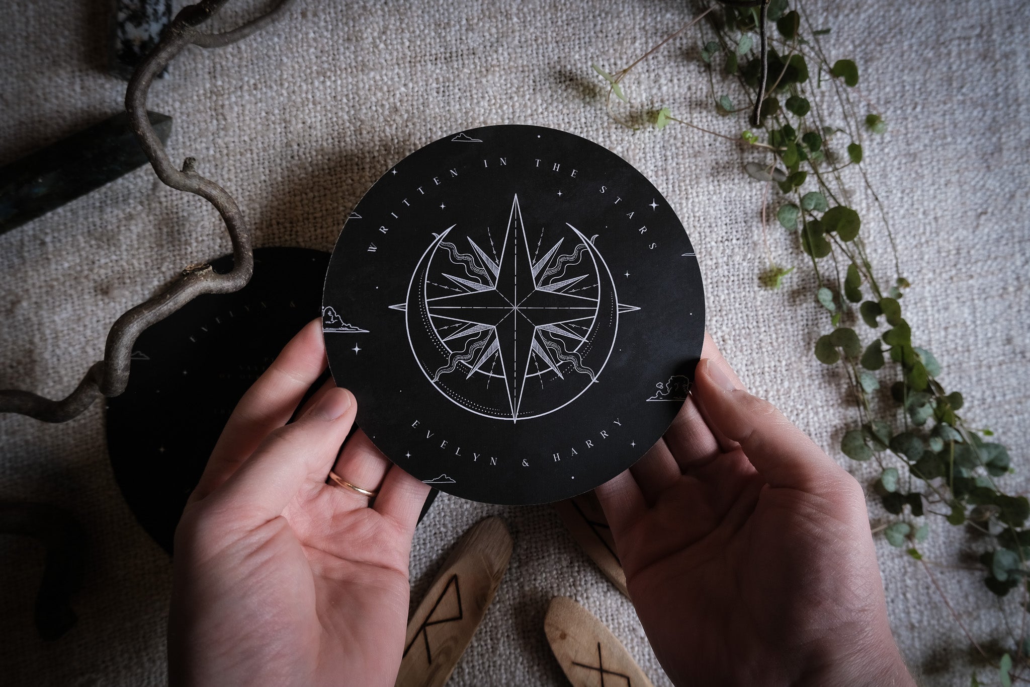 'Sun & Moon' Celestial Save The Date Card with cosmic design and black circular card.