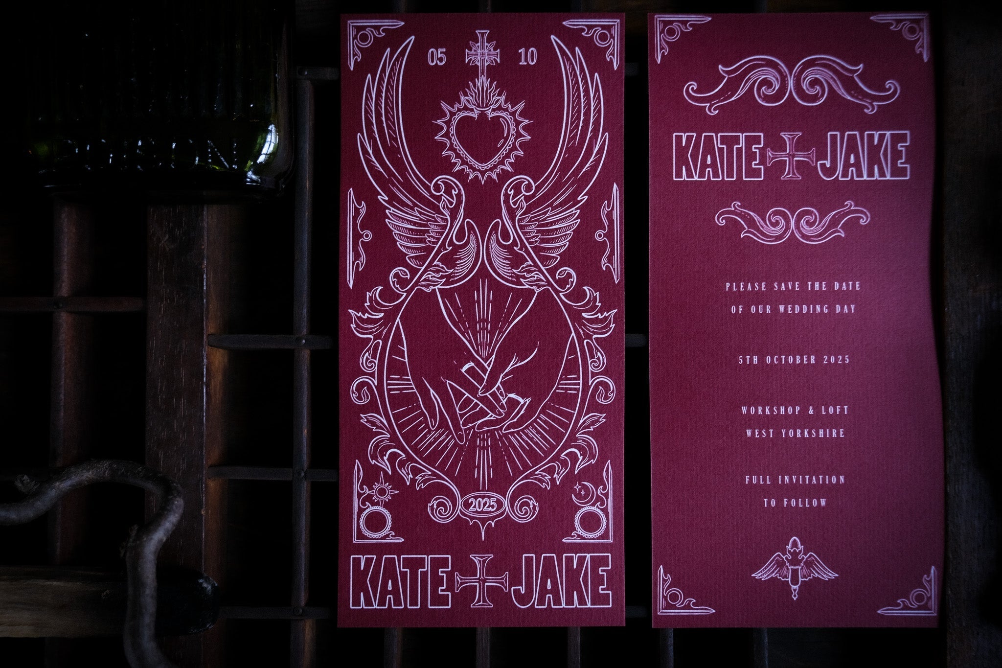 Star-Crossed Lovers Save the Date card with white envelopes, customizable colors, and 280 GSM matte finish.