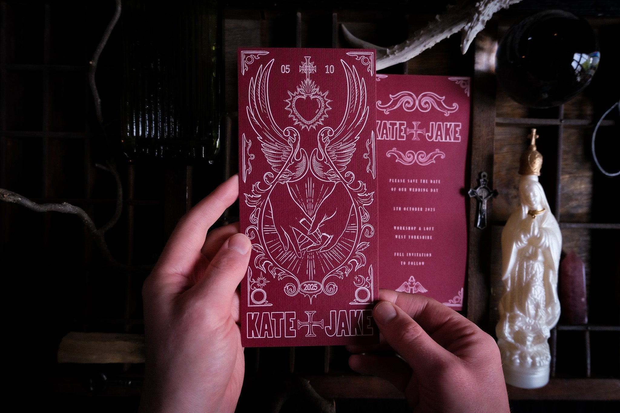 'Star-Crossed Lovers' Save The Date card with customization options, white envelopes, 280 GSM matte card.