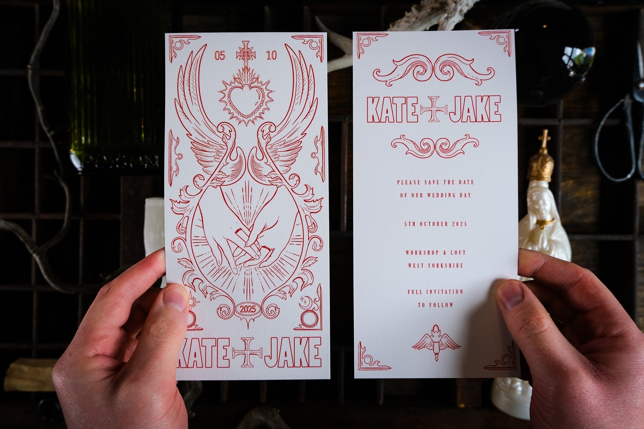 Star-Crossed Lovers Save The Date Card with white envelopes, customizable in color or gradient, 99x210 mm, 280 GSM Matte Card.