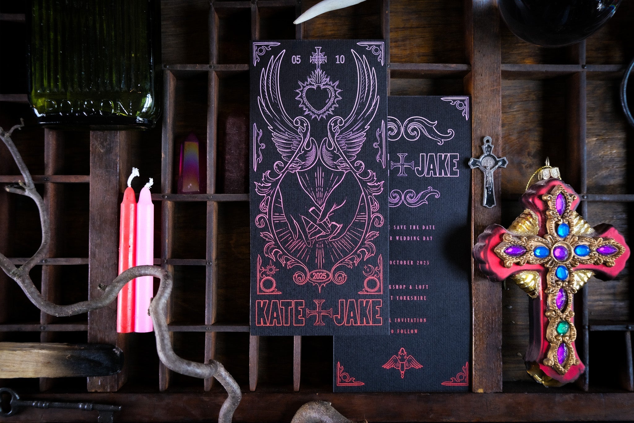 'Star-Crossed Lovers' save the date card with intricate design, customizable color, includes white envelopes.