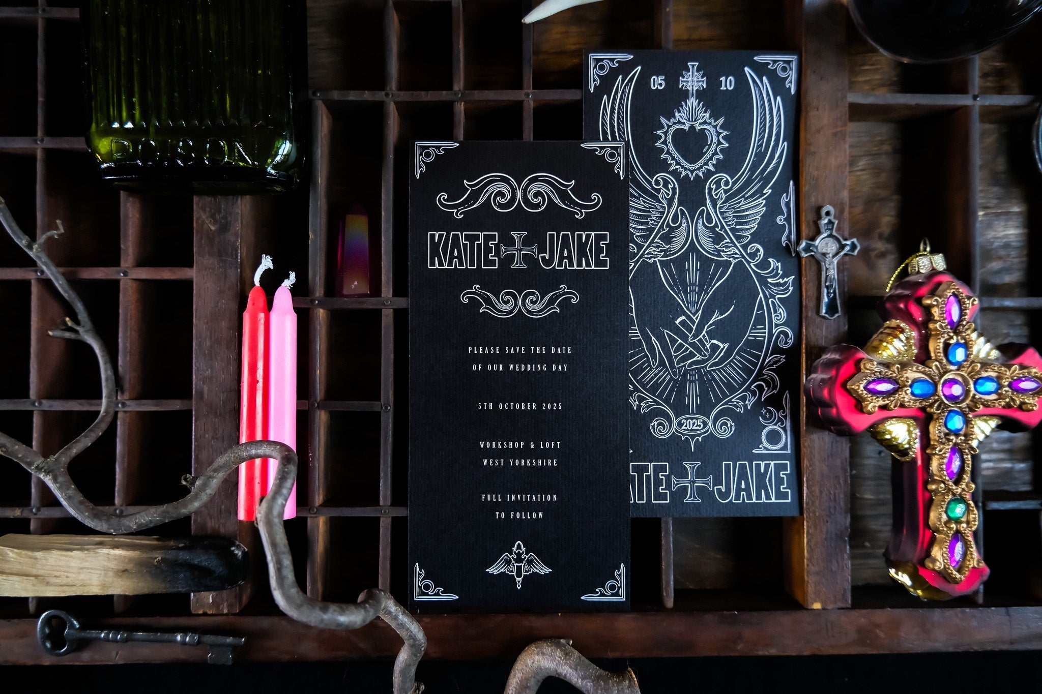 'Star-Crossed Lovers' save the date card with black background and artistic design, customizable colors, includes white envelope.