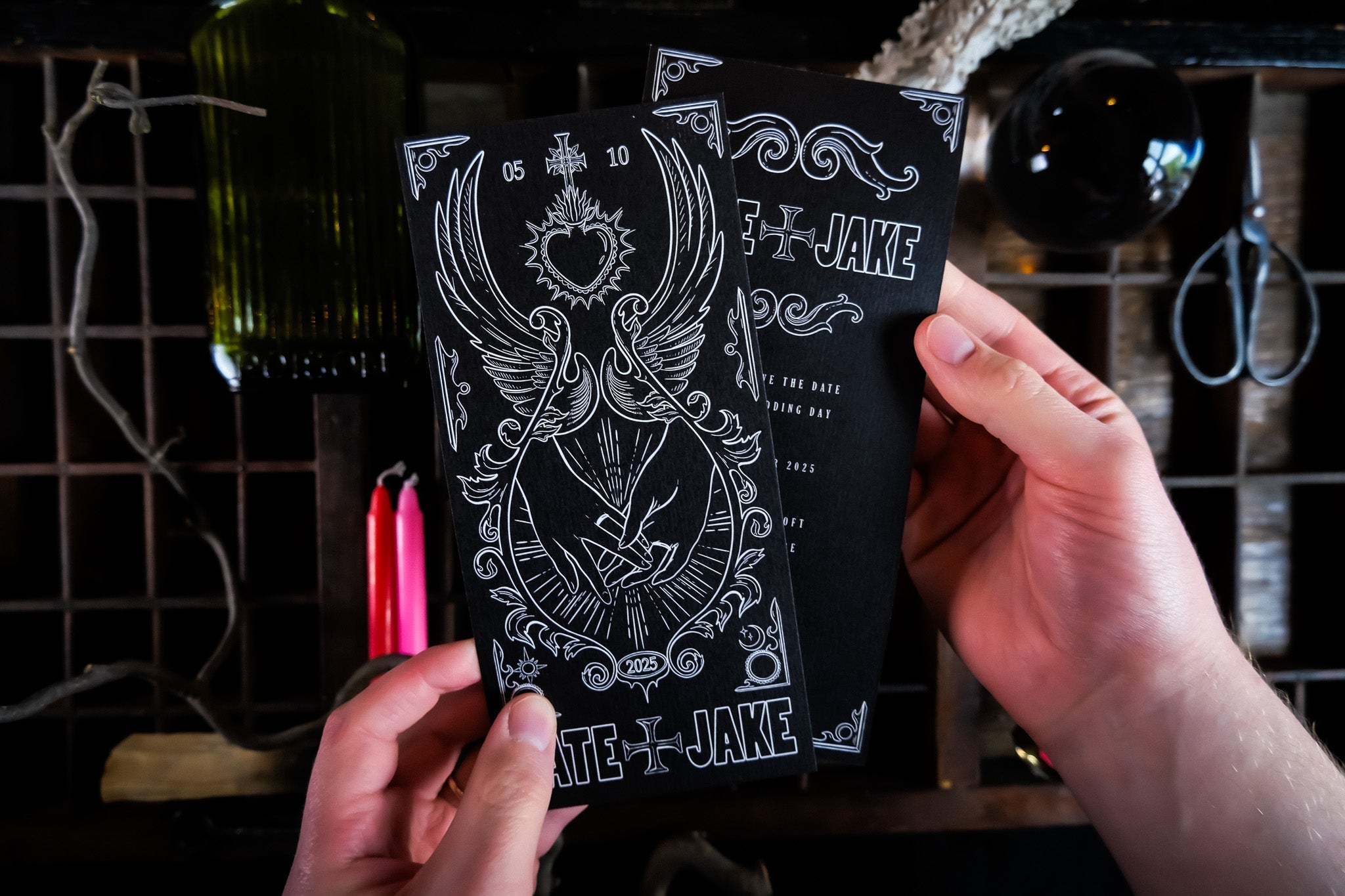 'Star-Crossed Lovers' Save The Date Card with customizable colors, featuring elegant design on 280 GSM matte card and white envelopes.