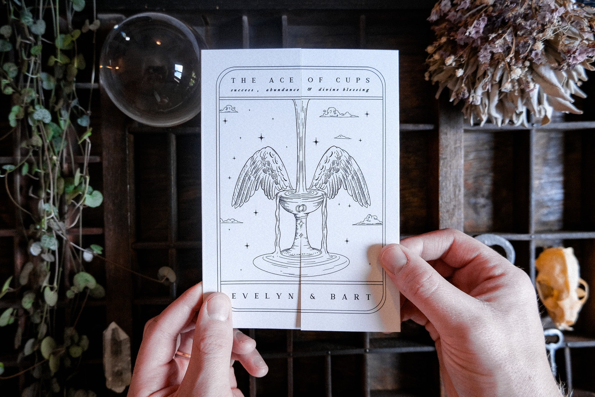 Cups' Gatefold Wedding Invitation with tarot card design and customizable colors.