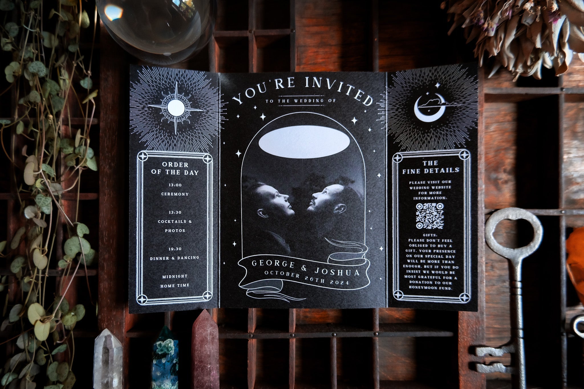 In This Life & The Next gatefold wedding invitation with custom photograph and white envelopes