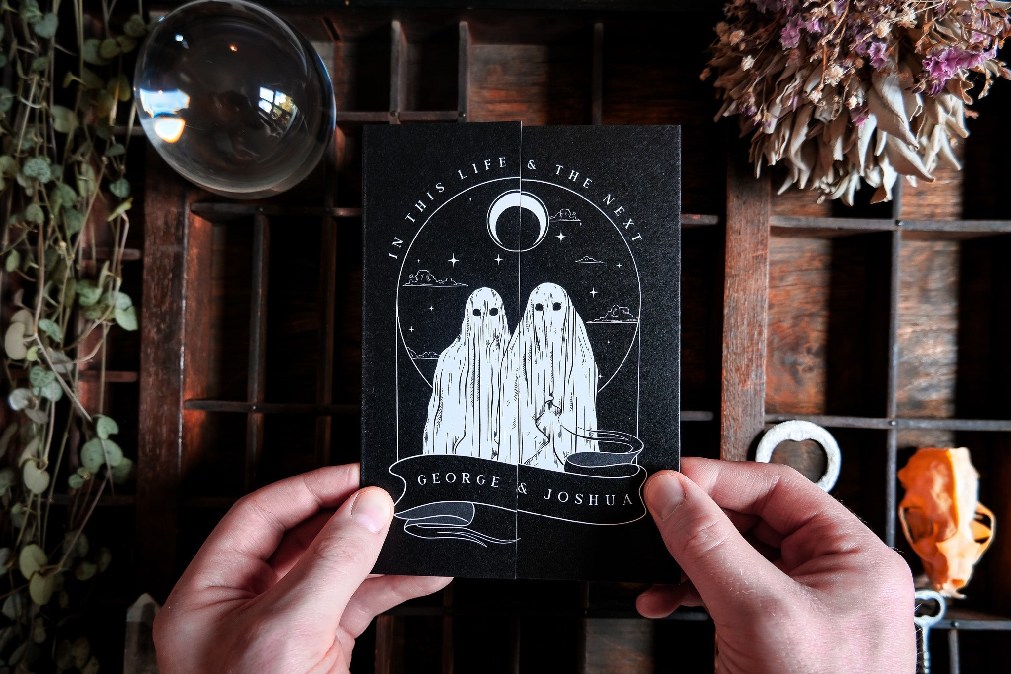 In This Life & The Next Ghosts gatefold wedding invitation with custom photograph and black matte textured card.