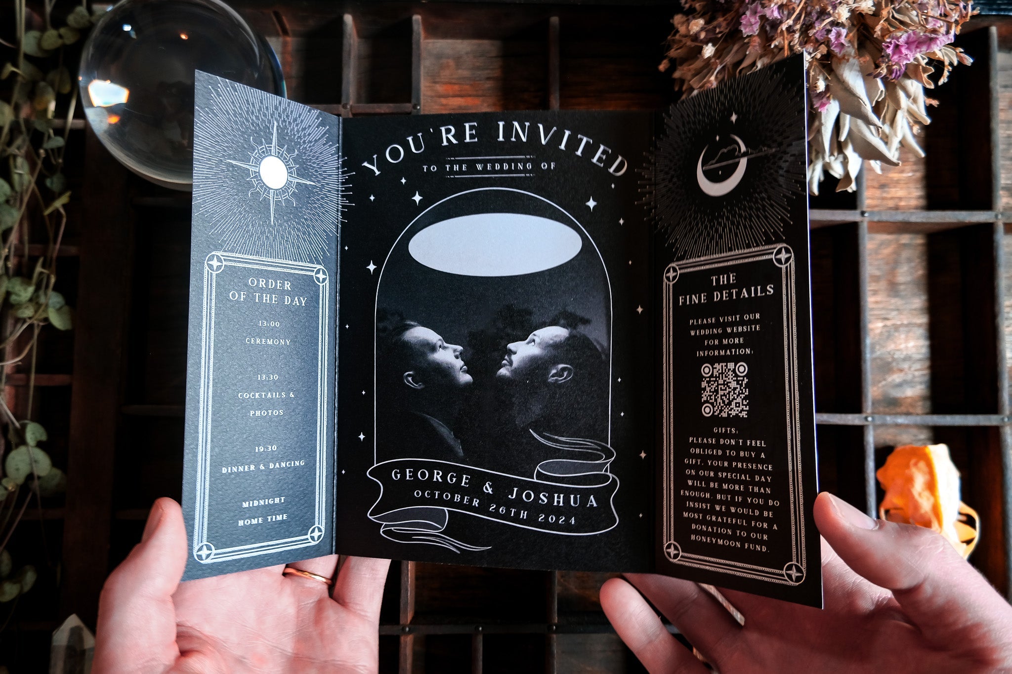 In This Life & The Next custom gatefold wedding invitation with black matte finish and couple photo