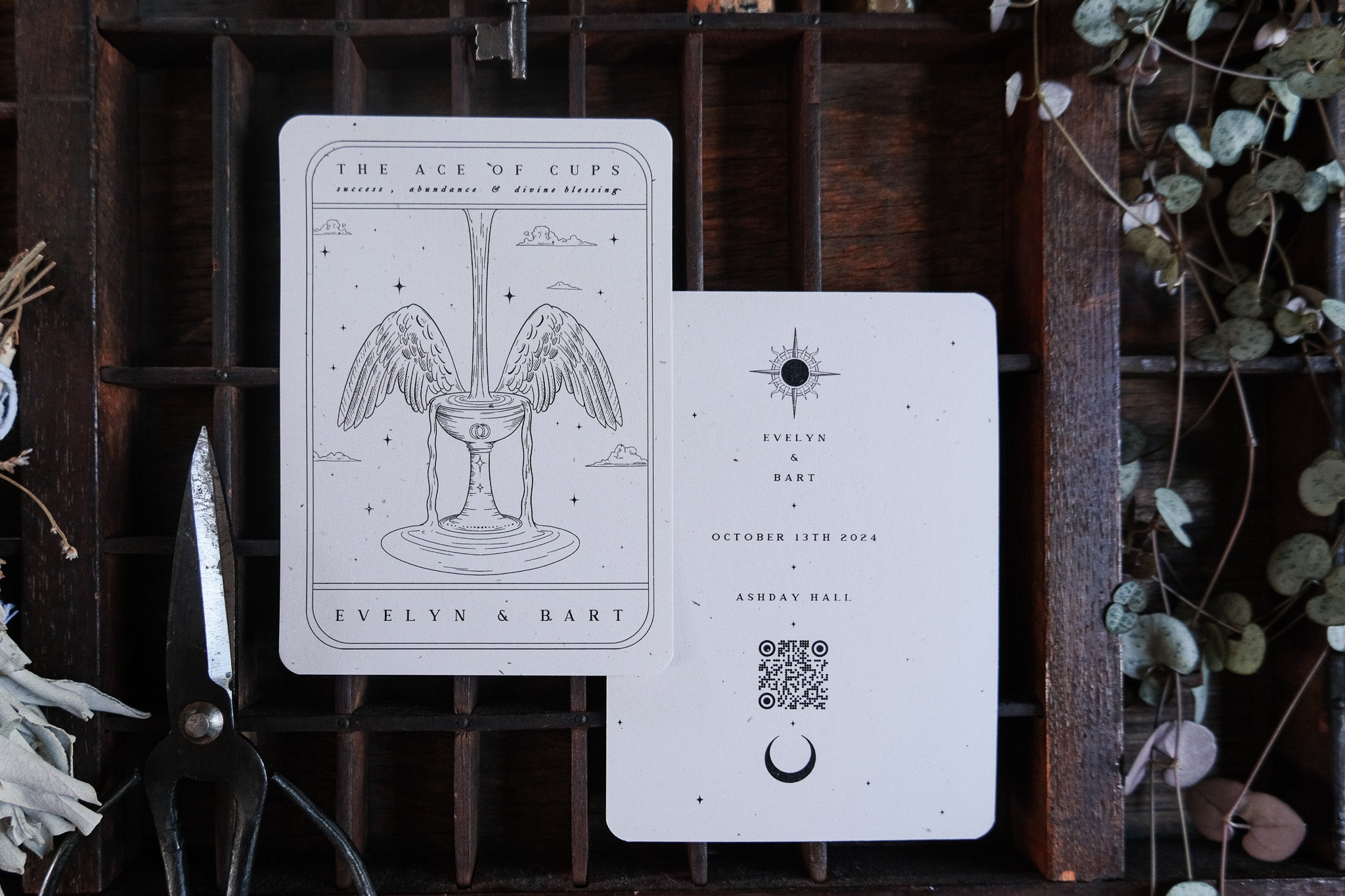 Ace of Cups Tarot save the date card with a vintage design, customizable color options, A6 size, rounded corners, and white envelopes.