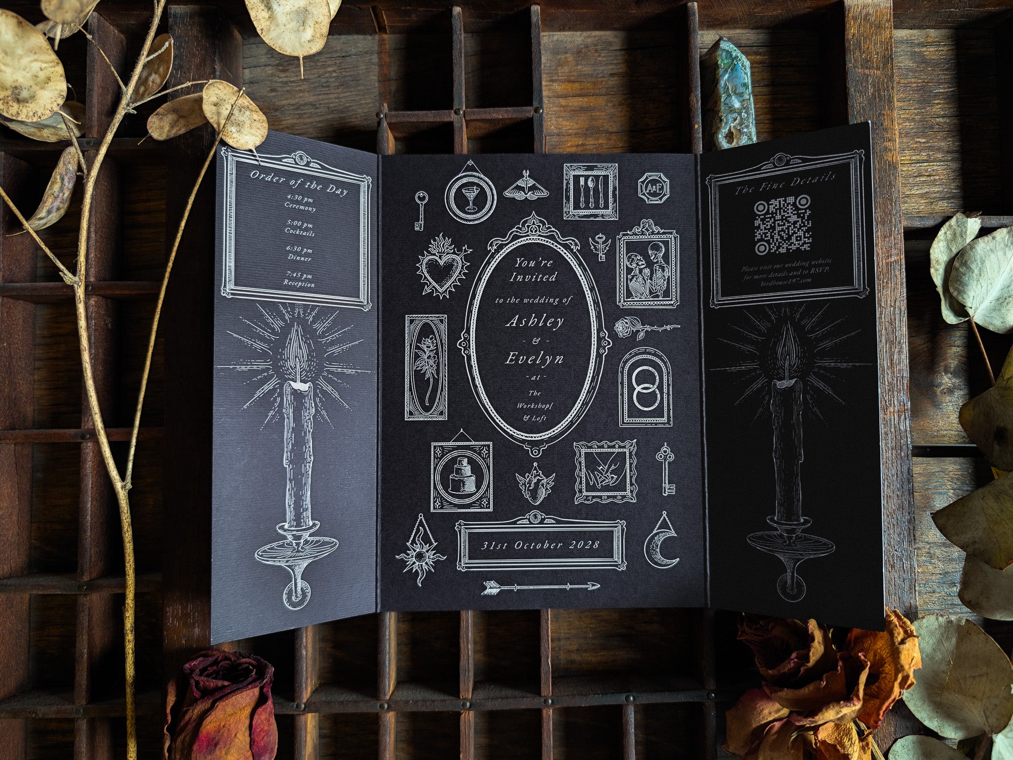 The Candle & Key gatefold invitation with hand-drawn Victorian detailing.