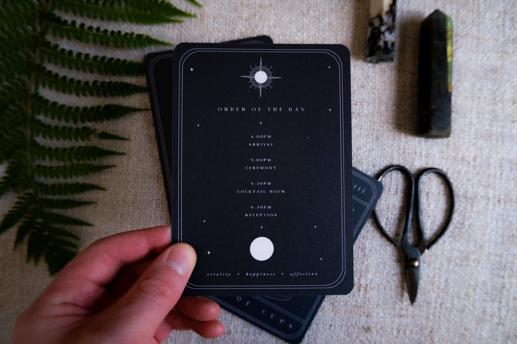 Tarot Card Spread 3-Piece Wedding Invitation Suite with The Lovers, The Sun, and The Ace of Cups tarot designs on double-sided luxury velvet paper