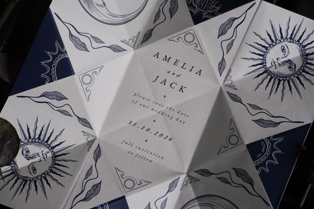Victorian Folding Letter celestial save the date with sun and moon design