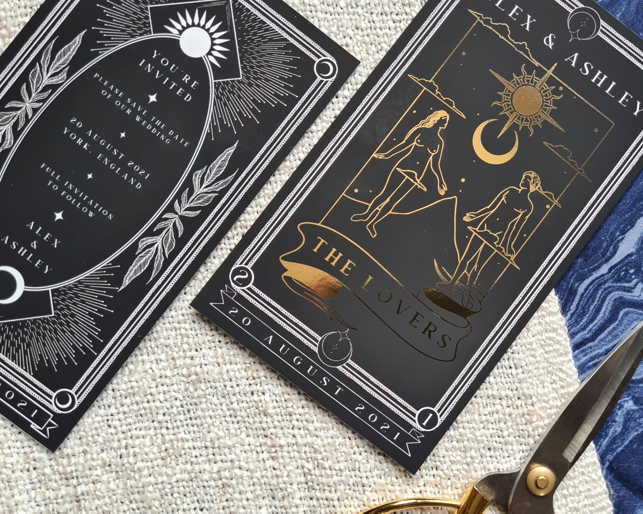 The Lovers Tarot Gothic foiled save the date card with gold foil on velvet soft-touch card.