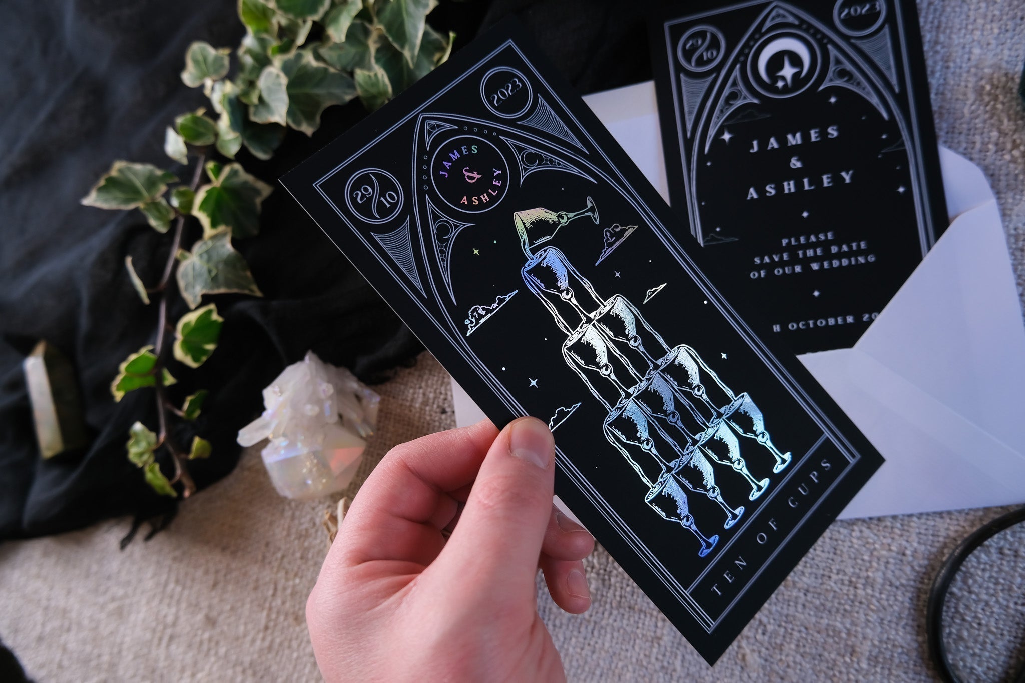 Elegant Ten of Cups foiled tarot card save the date wedding invitation with gold foil accents