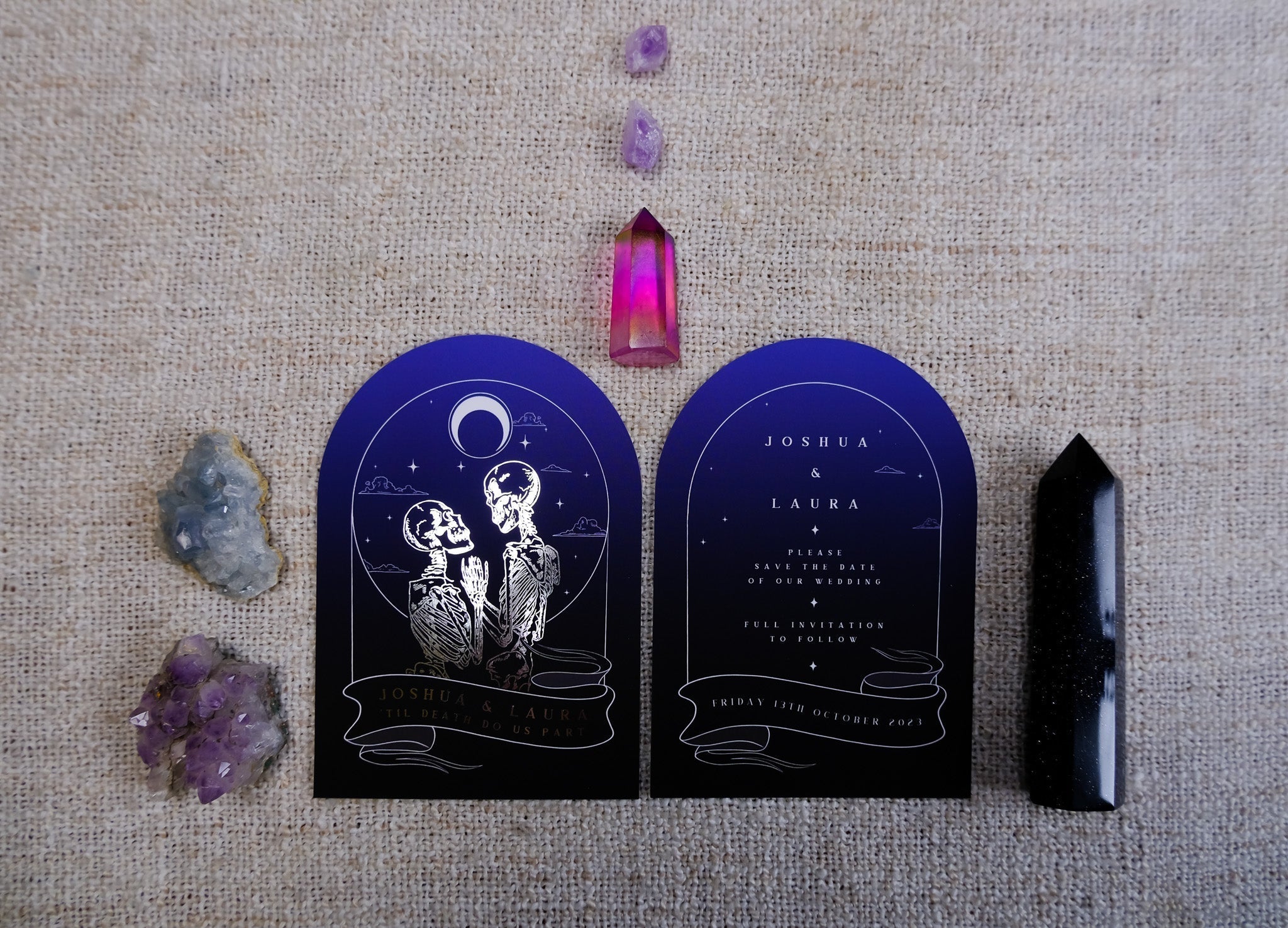 The Lovers Arched Foiled Save The Date card featuring gothic skeleton couple with luxury foil accents and arched design