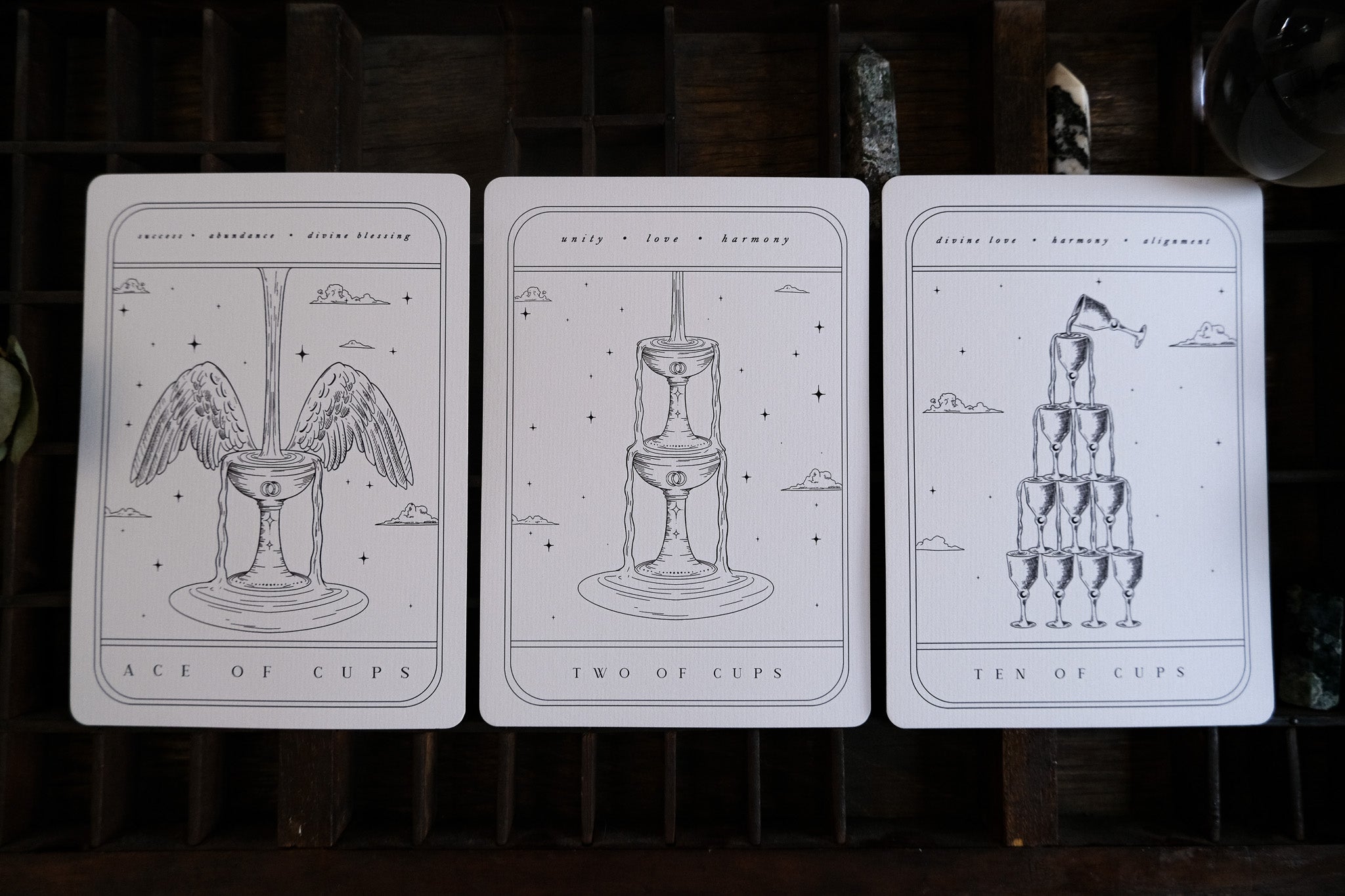 Three luxury gothic wedding table cards with abstract tarot-inspired line art, set side by side; perfect for dramatic UK decor.