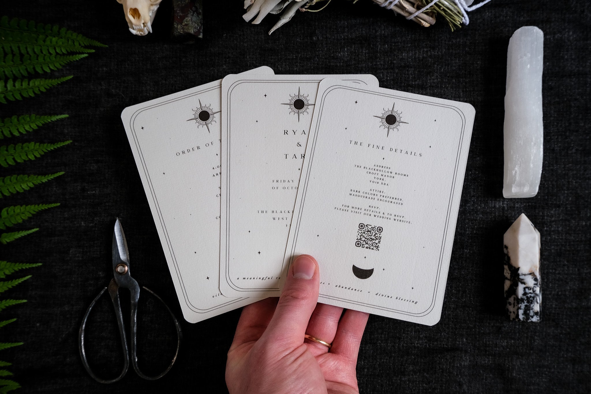 Classic vintage Tarot Card Spread 3-Piece Invitation Suite with The Lovers, The Sun, and The Ace of Cups designs on high-quality velvet paper