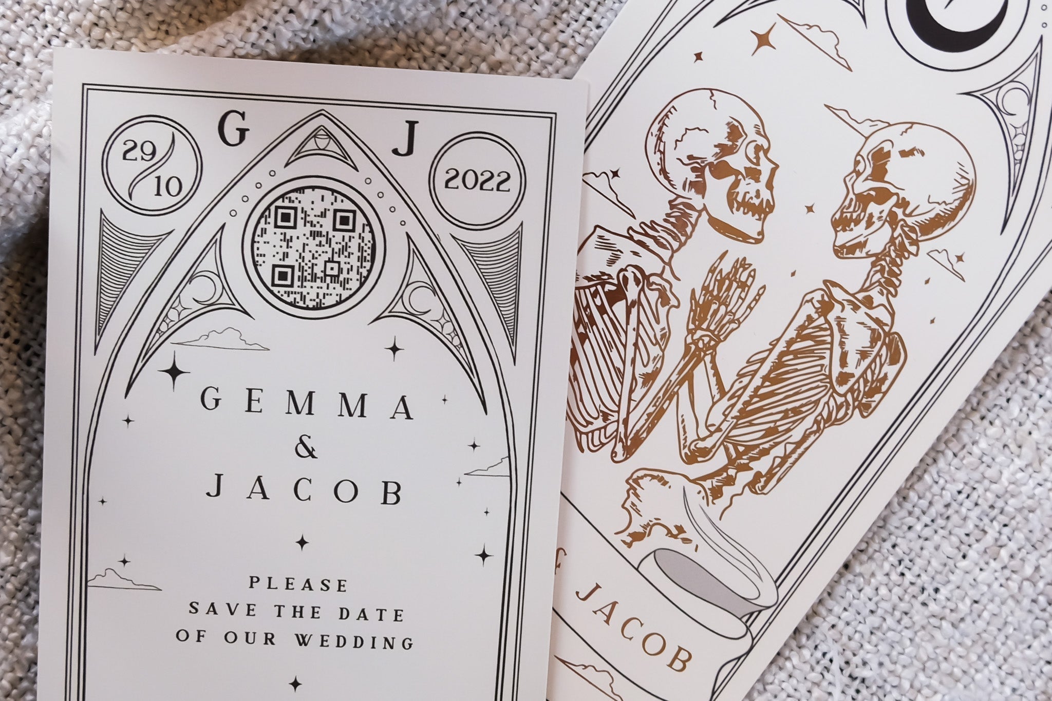The Lovers 'Til Death Do Us Part' gothic skeleton couple foiled Save the Date card