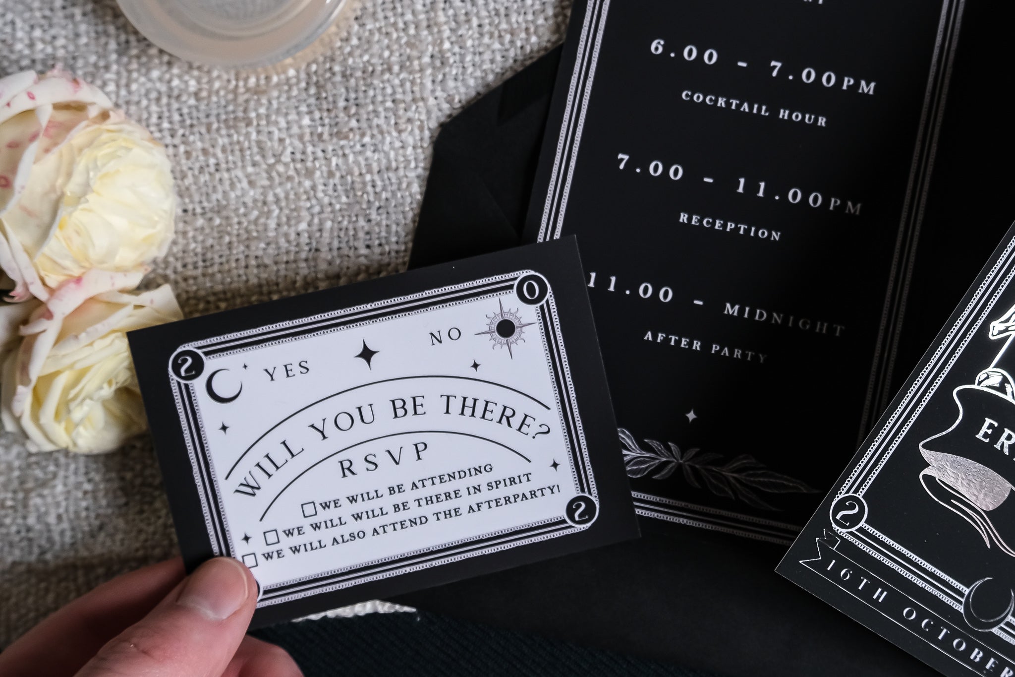 Til Death Do Us Part foiled 3-piece gothic wedding invitation suite with skeleton tarot design on velvet soft-touch card
