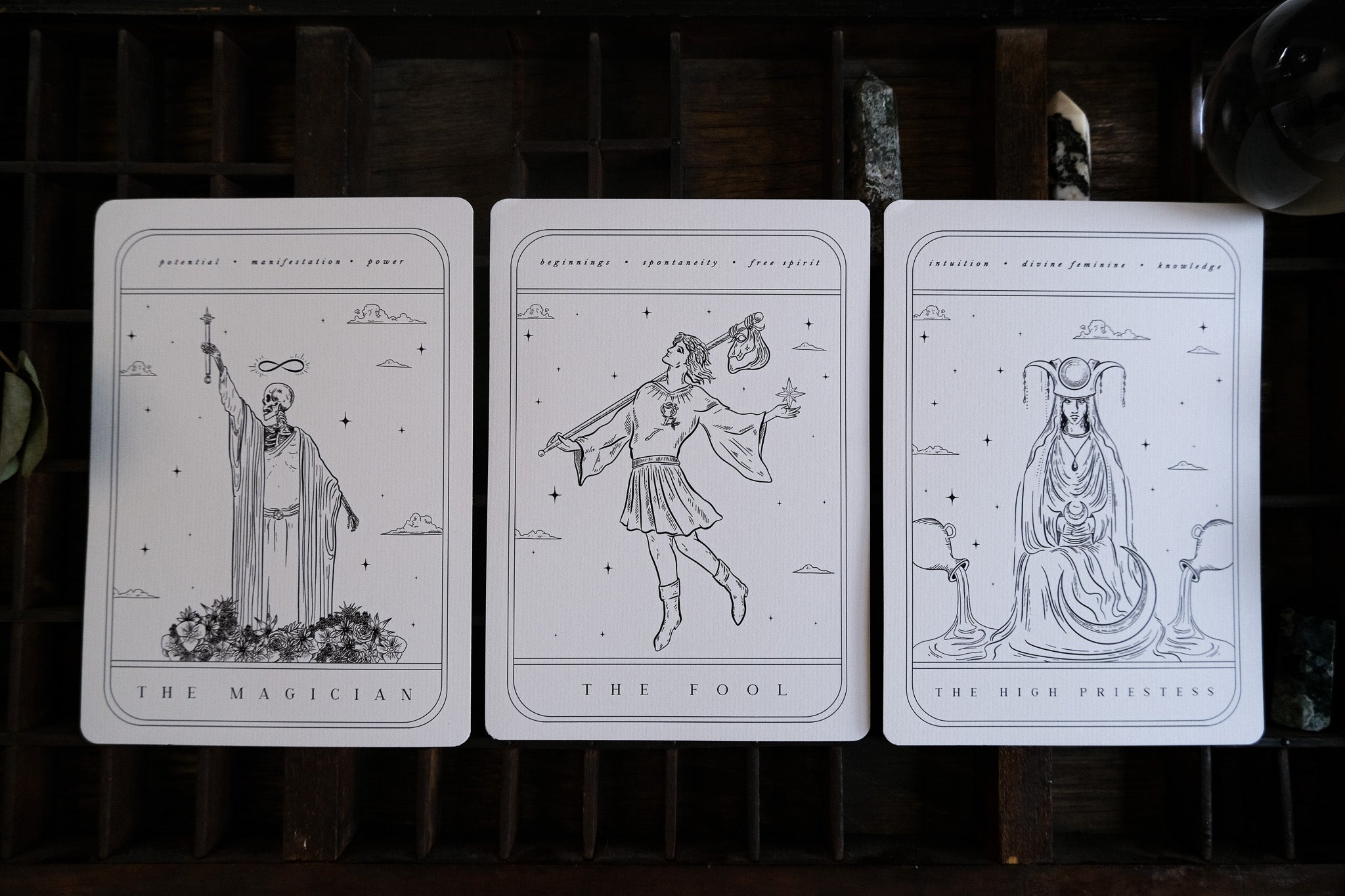 Luxury UK wedding stationery set featuring vintage-inspired black and white tarot card art, perfect for gothic or mystical décor.