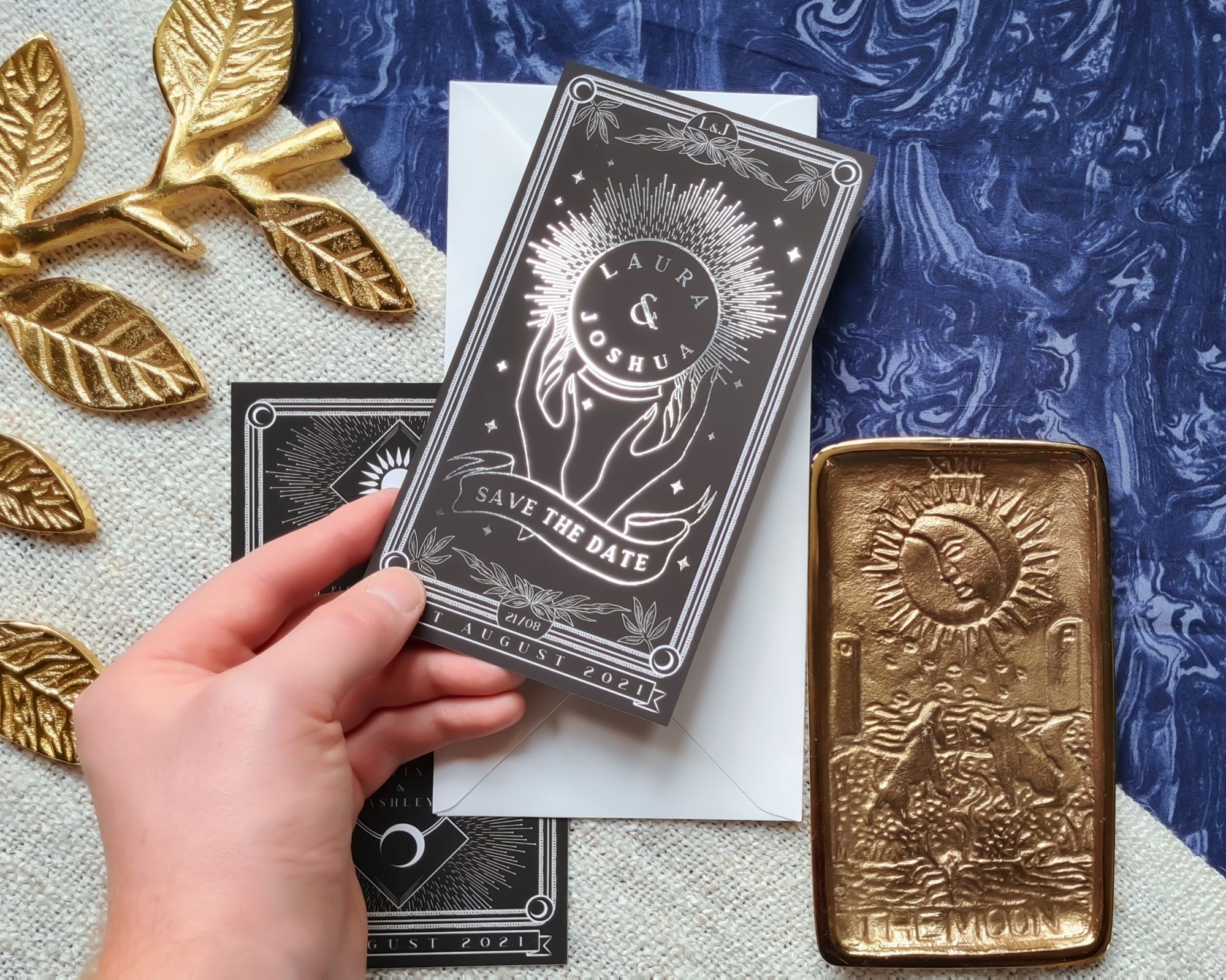 Crystal ball foiled tarot save the date card with bohemian witchy design on velvet soft-touch card