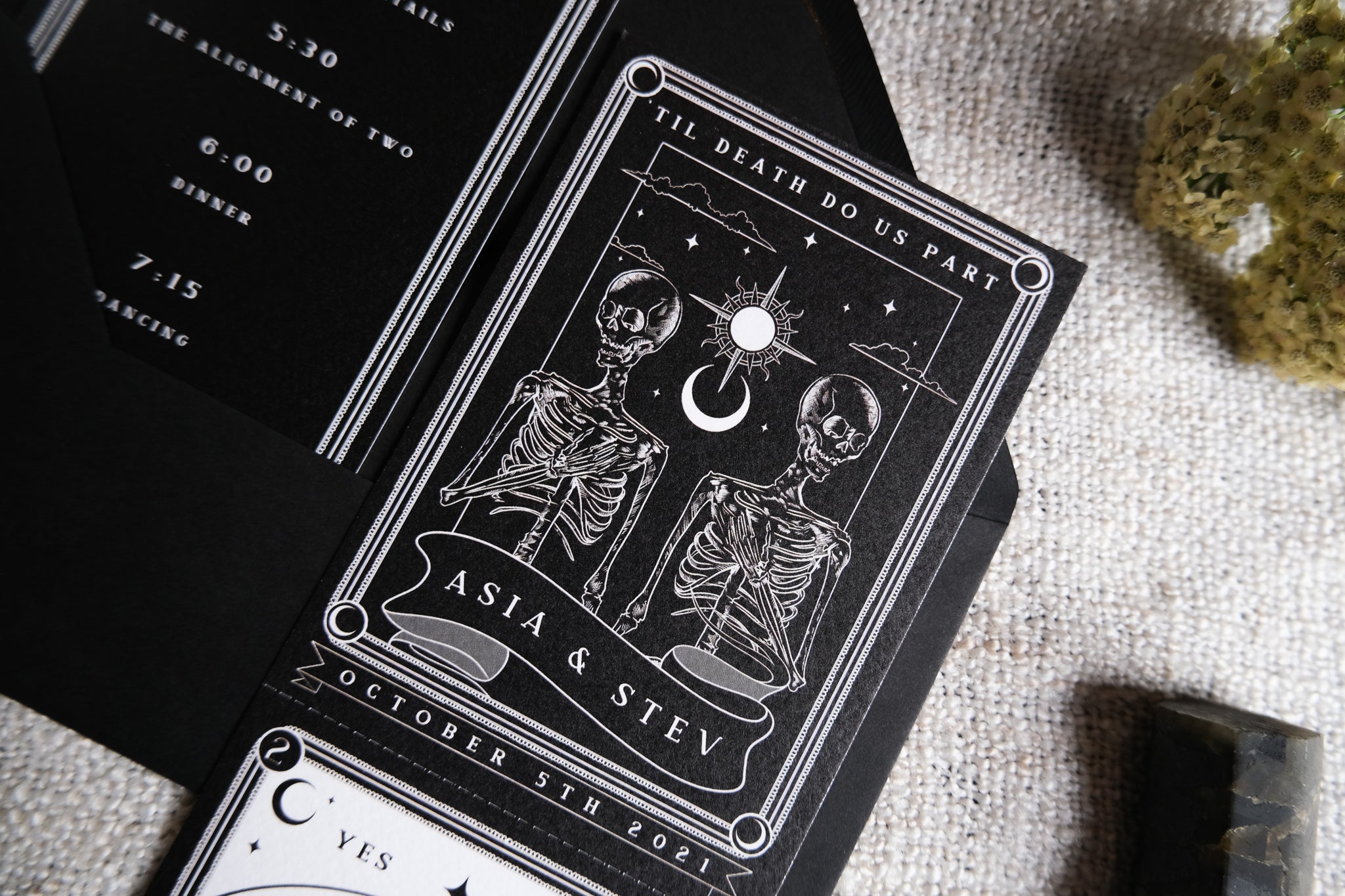 Til Death Do Us Part tarot wedding invitation suite with gothic skeleton couple illustration and tear-off RSVP section on matte card