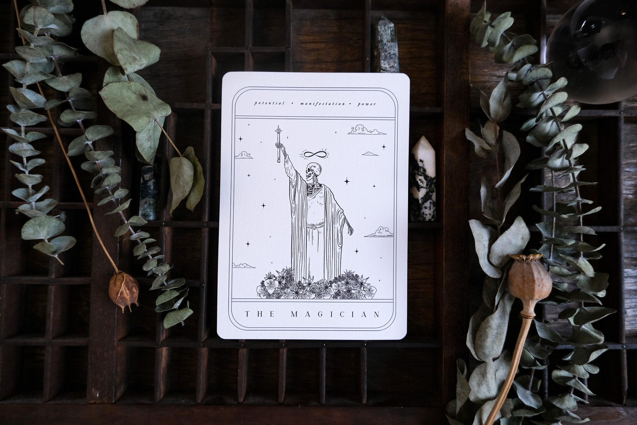 Luxury gothic wedding stationery art print featuring a dramatic robed figure with an infinity symbol, ideal for mystical UK weddings.
