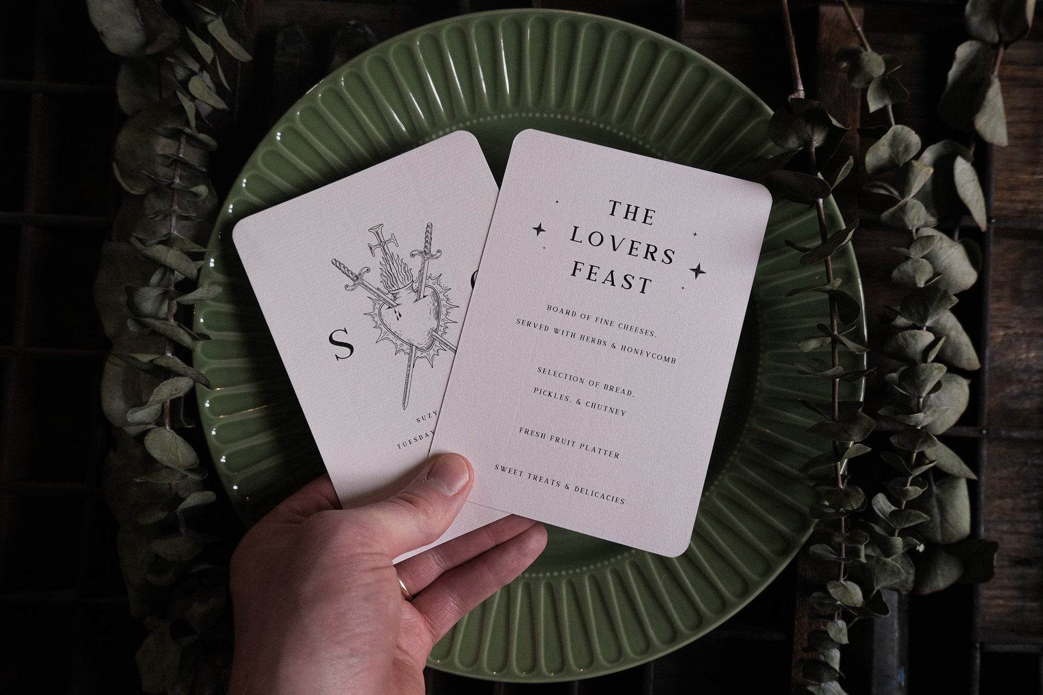 Star-Crossed Lovers Wedding Menu – Bleeding Heart and Crossed Swords Artwork