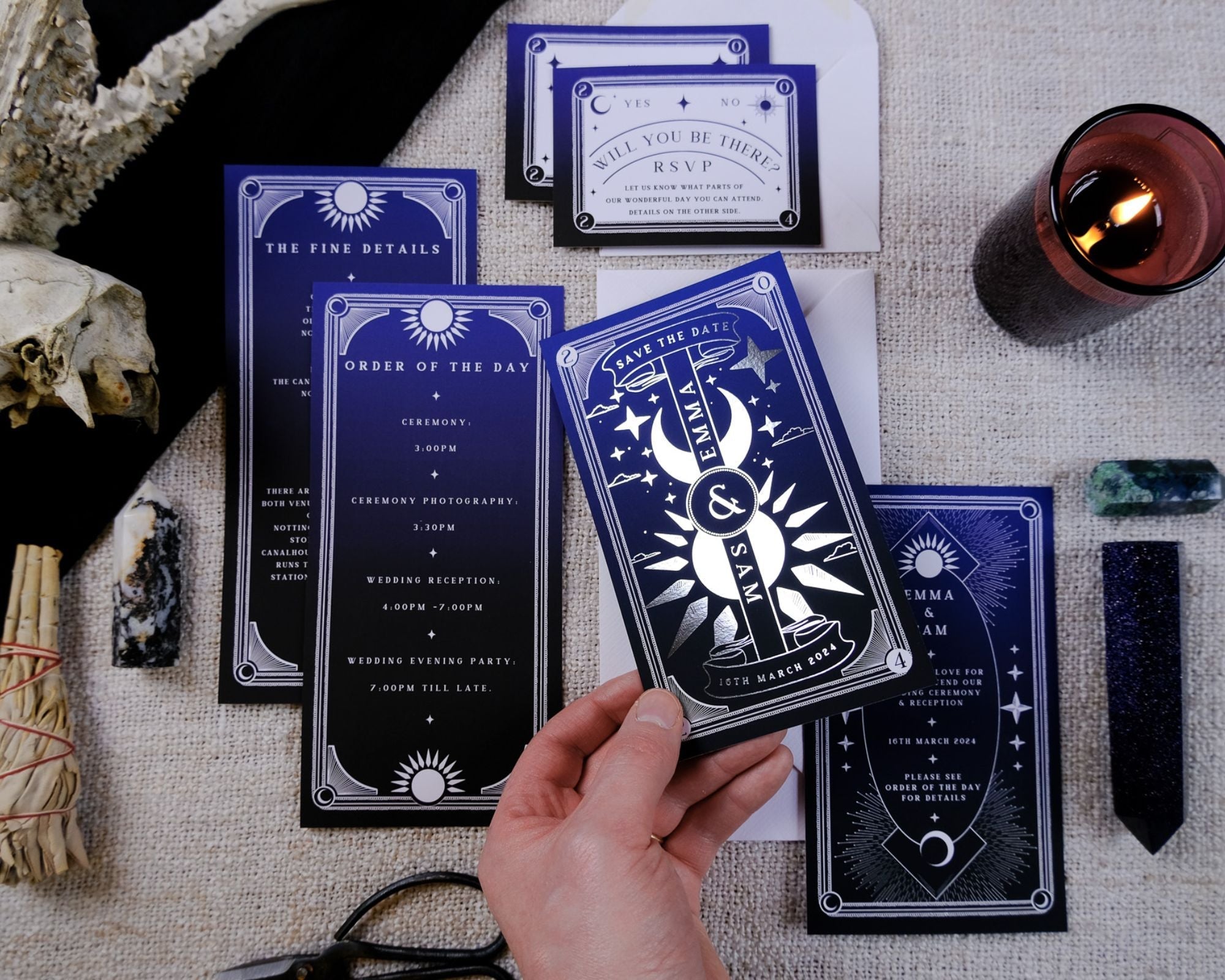 Dusk and Dawn foiled 3-piece wedding invitation suite with celestial sun and moon design on velvet soft-touch card