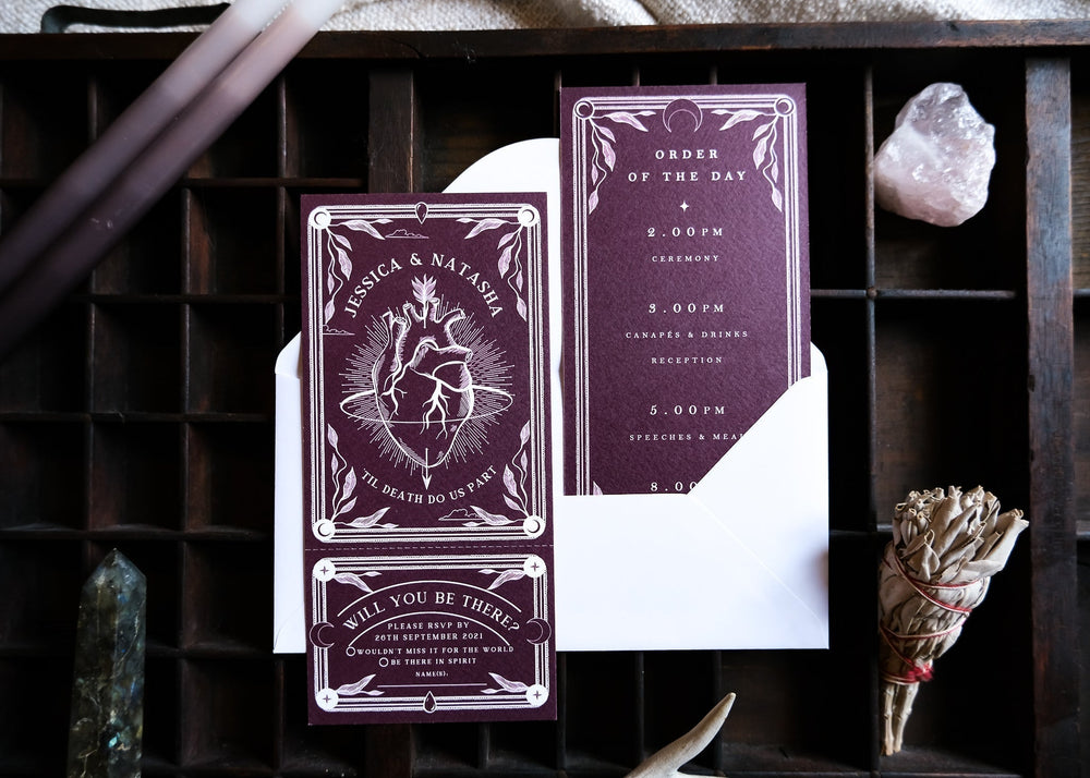 Bleeding Heart tarot full invitation suite with anatomical heart illustration and tear-off RSVP on matte card