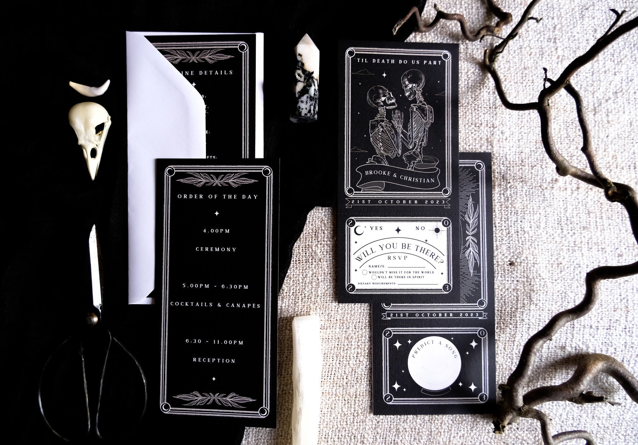 Til Death Do Us Part lovers tarot full invitation wedding suite with gothic skeleton couple and tear-off RSVP card on matte 280gsm cardstock