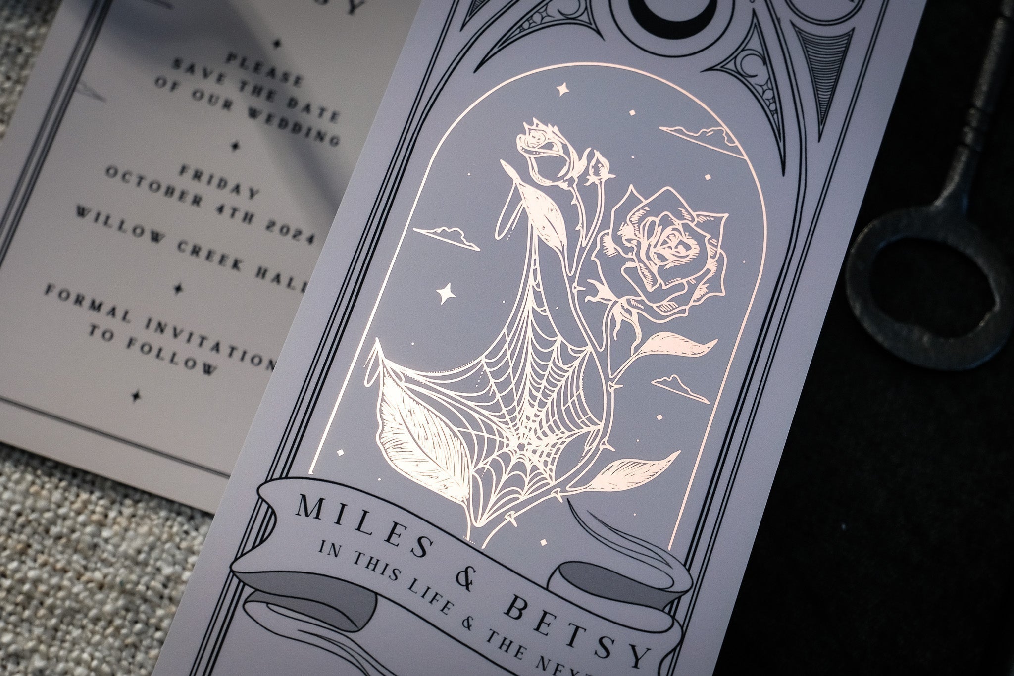 Dark floral Gothic Rose foiled save the date card with rose tarot illustration on velvet soft-touch card