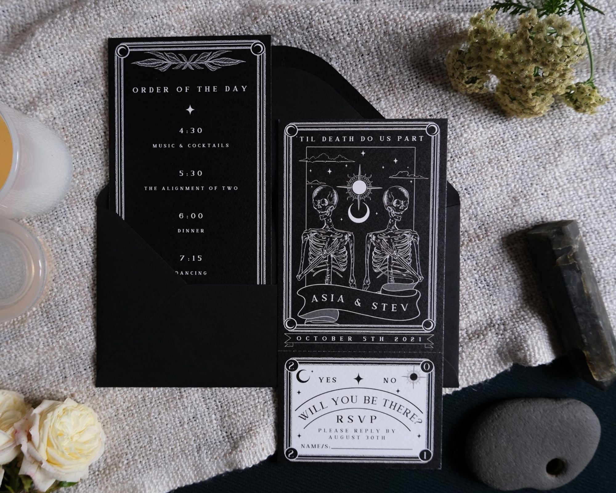 Til Death Do Us Part gothic wedding invitation suite featuring skeleton tarot illustration with tear-off RSVP on matte card