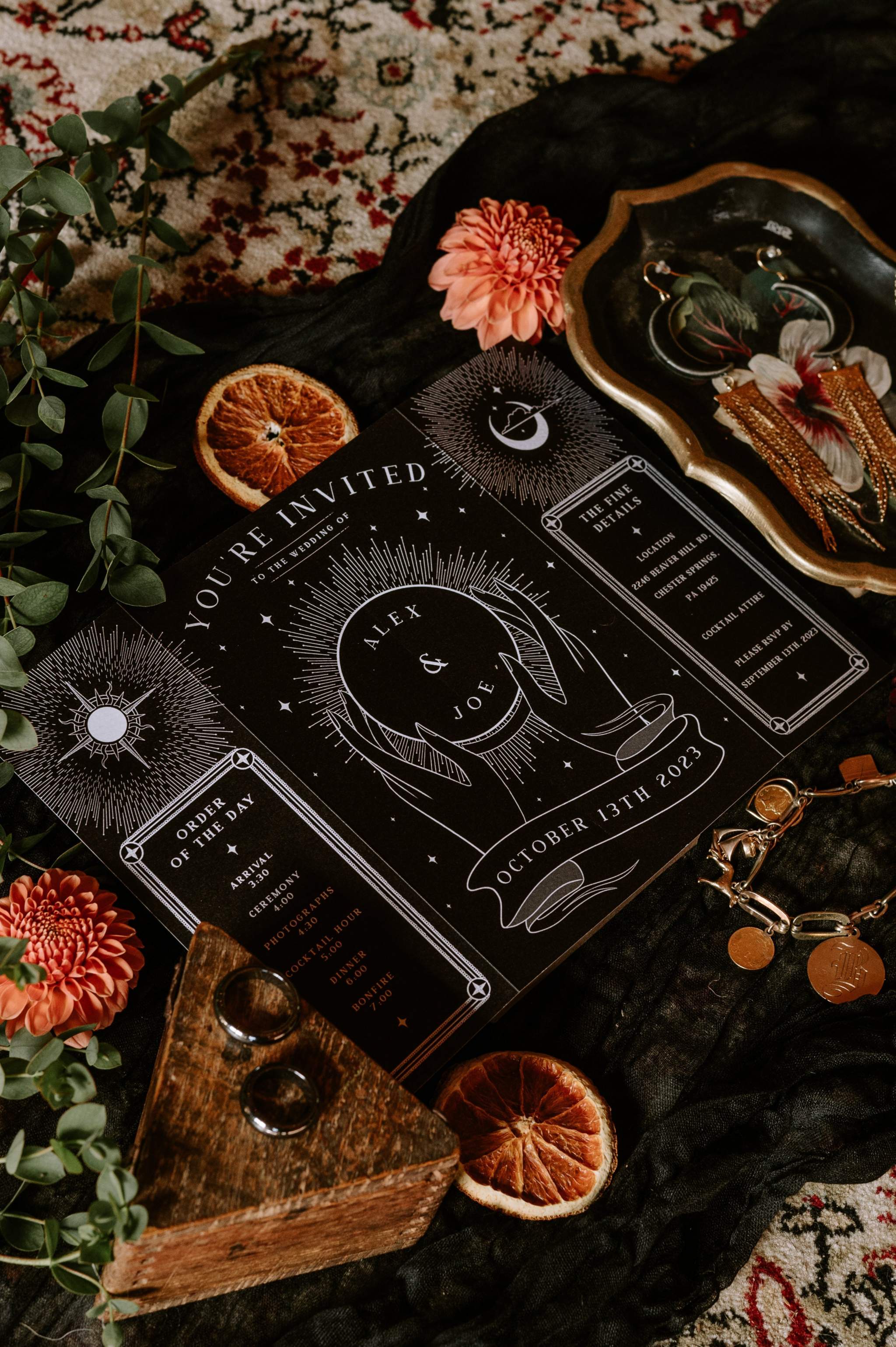 Gothic gatefold wedding invitation with skeleton lovers 'Til Death' crystal ball design on textured matte card