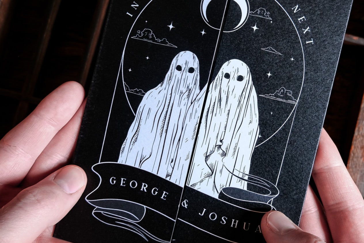 In This Life and The Next gothic gatefold wedding invitation with ghost illustration and personalized photo interior on matte textured card